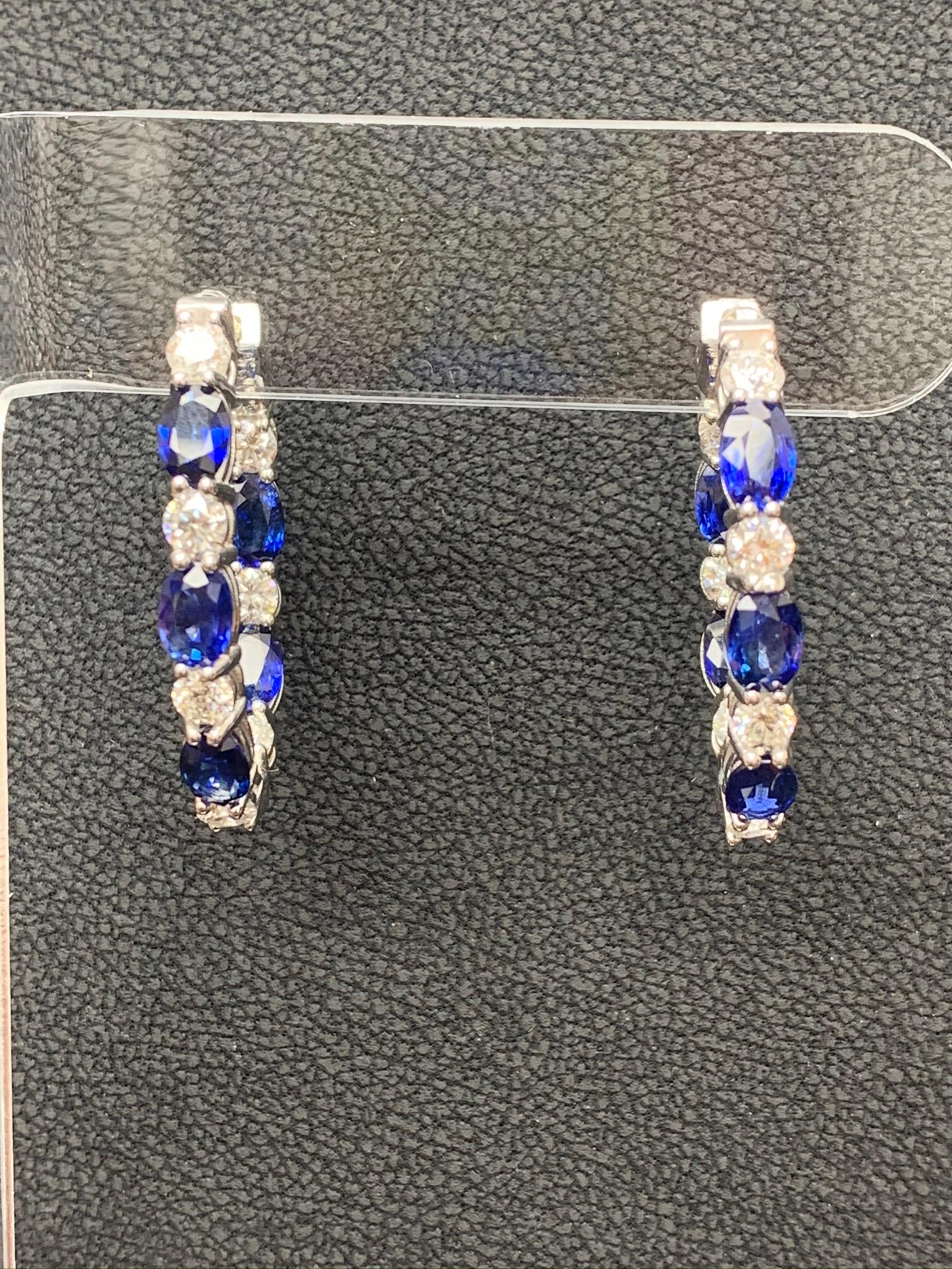 Women's Grandeur 5.54 Carat Oval Cut Blue Sapphire Diamond Hoop Earrings 14K WhiteGold For Sale