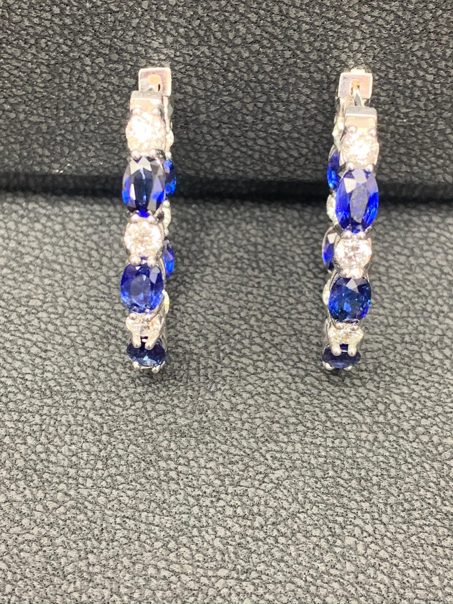 Grandeur 5.54 Carat Oval Cut Blue Sapphire Diamond Hoop Earrings 14K WhiteGold For Sale 3