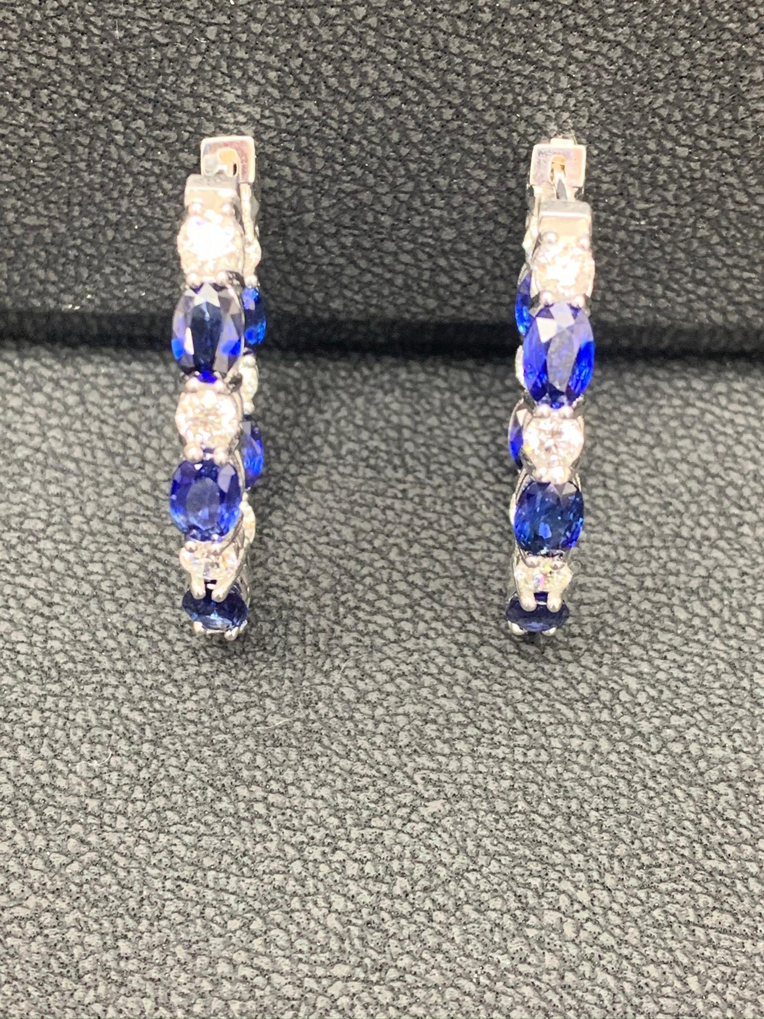 Grandeur 5.54 Carat Oval Cut Blue Sapphire Diamond Hoop Earrings 14K WhiteGold For Sale 4