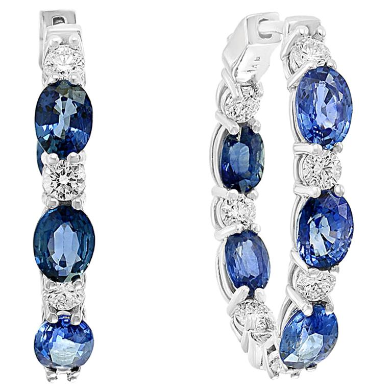 Grandeur 5.54 Carat Oval Cut Blue Sapphire Diamond Hoop Earrings 14K WhiteGold For Sale