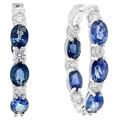 Grandeur 5.54 Carat Oval Cut Blue Sapphire Diamond Hoop Earrings 14K WhiteGold