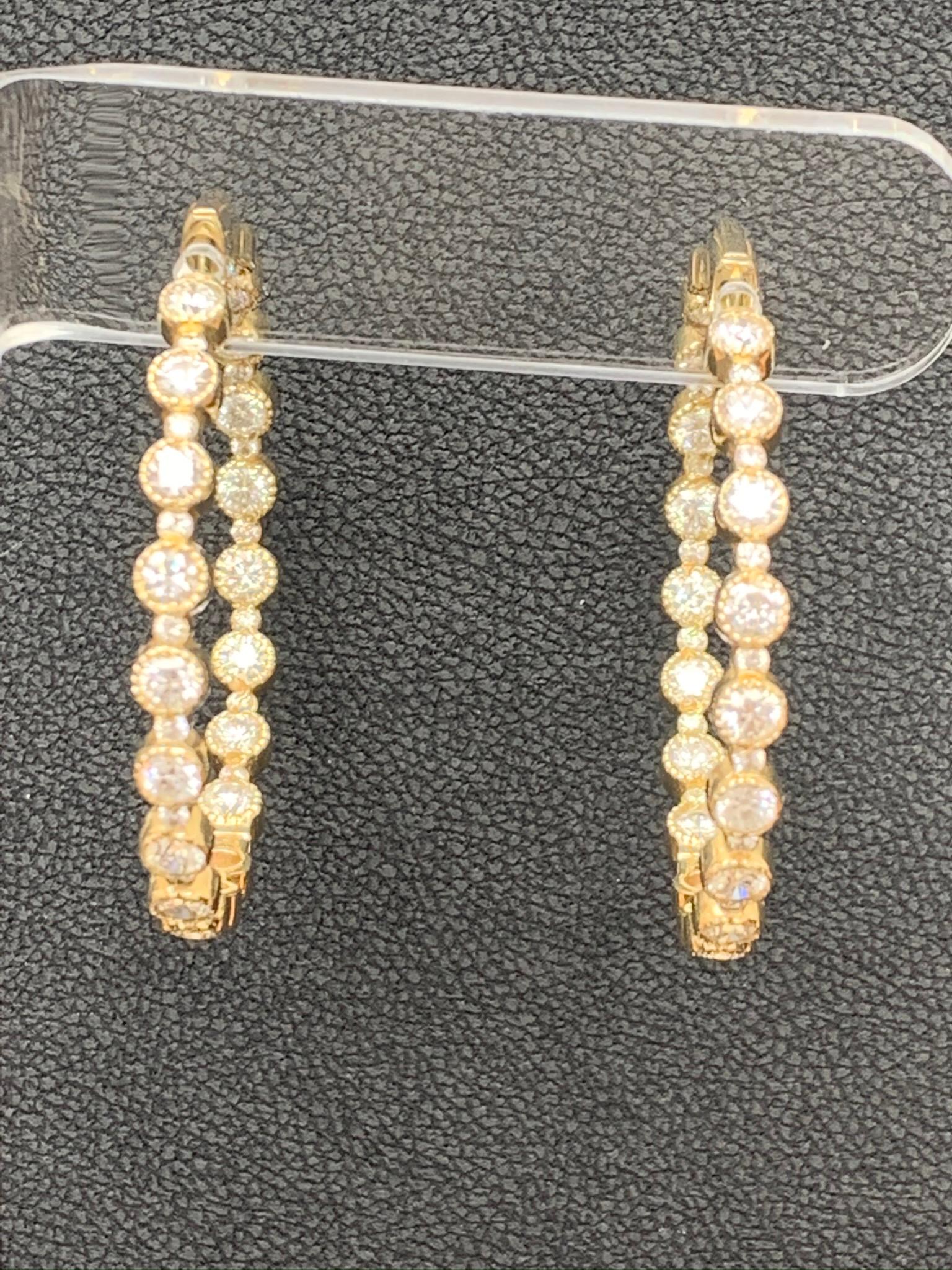 5.57 Carat Round Diamond Hoop Earrings in 14K Yellow Gold For Sale 5