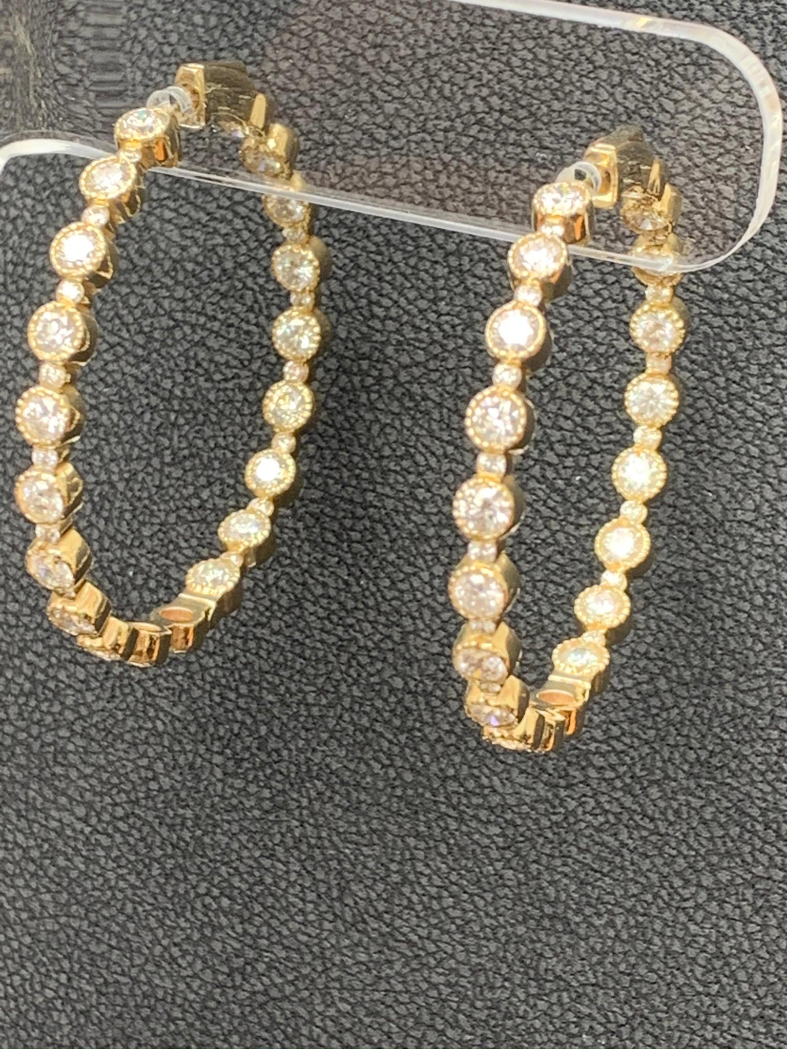 5.57 Carat Round Diamond Hoop Earrings in 14K Yellow Gold For Sale 6