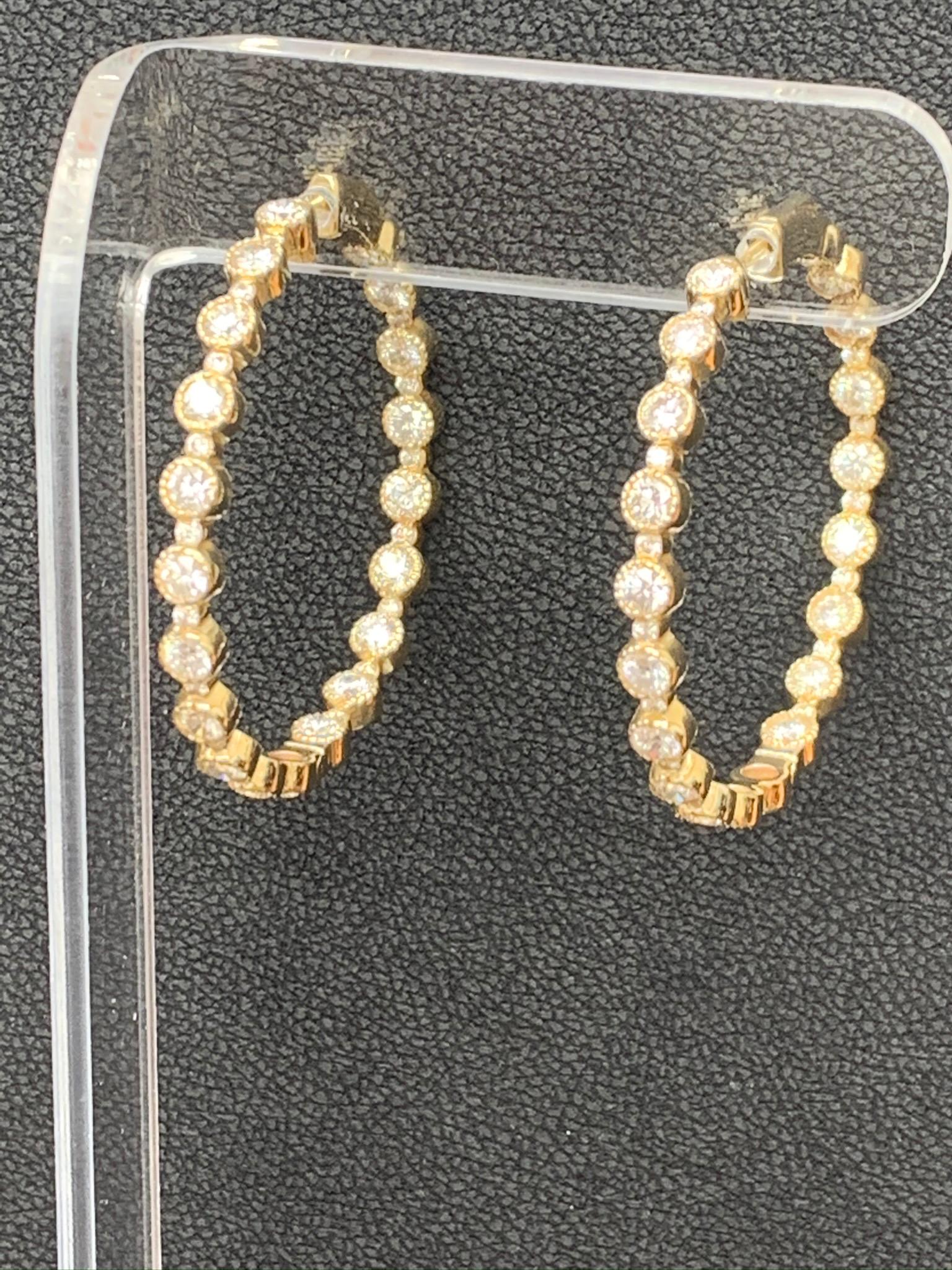 5.57 Carat Round Diamond Hoop Earrings in 14K Yellow Gold For Sale 7