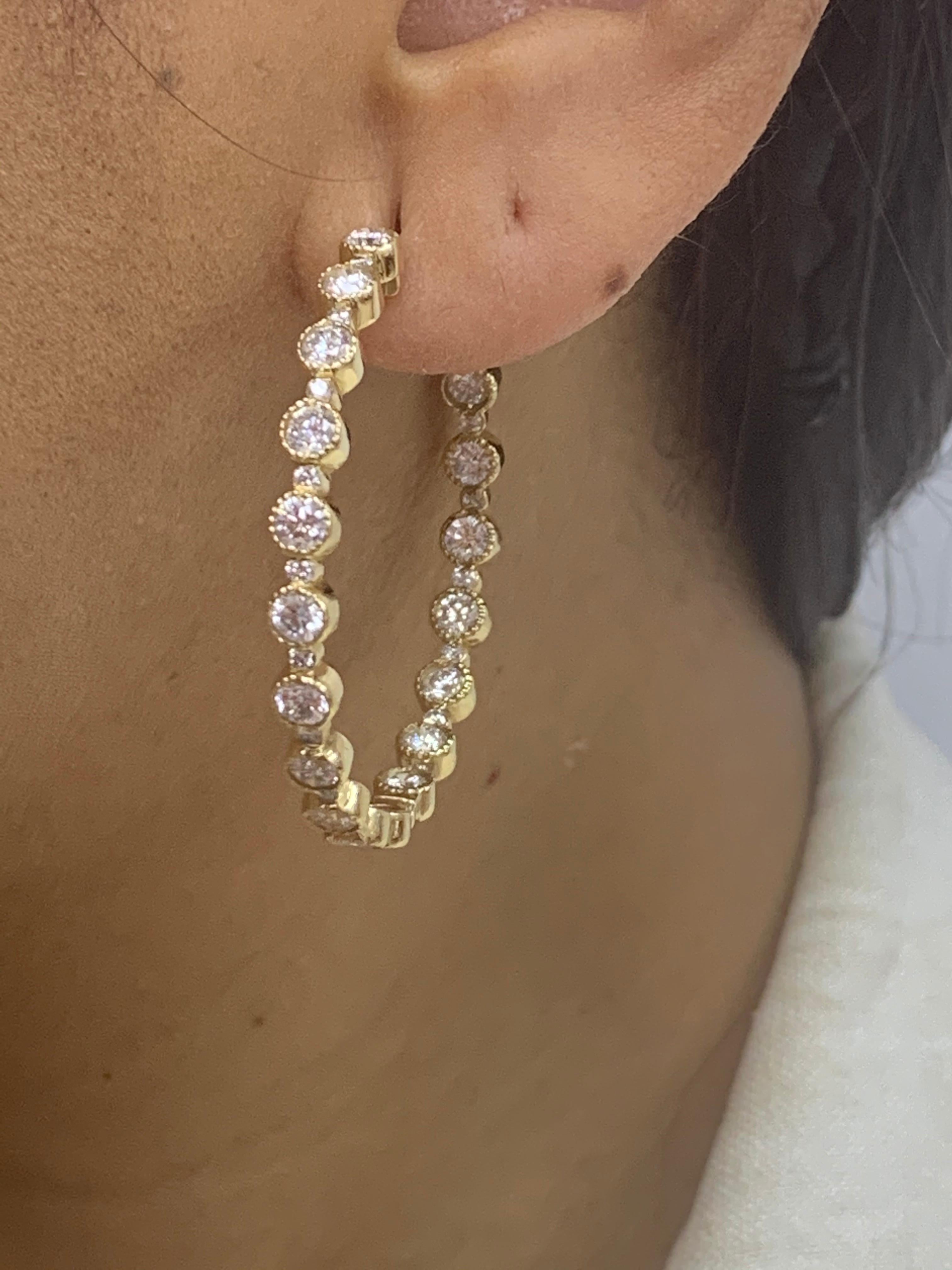 5.57 Carat Round Diamond Hoop Earrings in 14K Yellow Gold For Sale 11