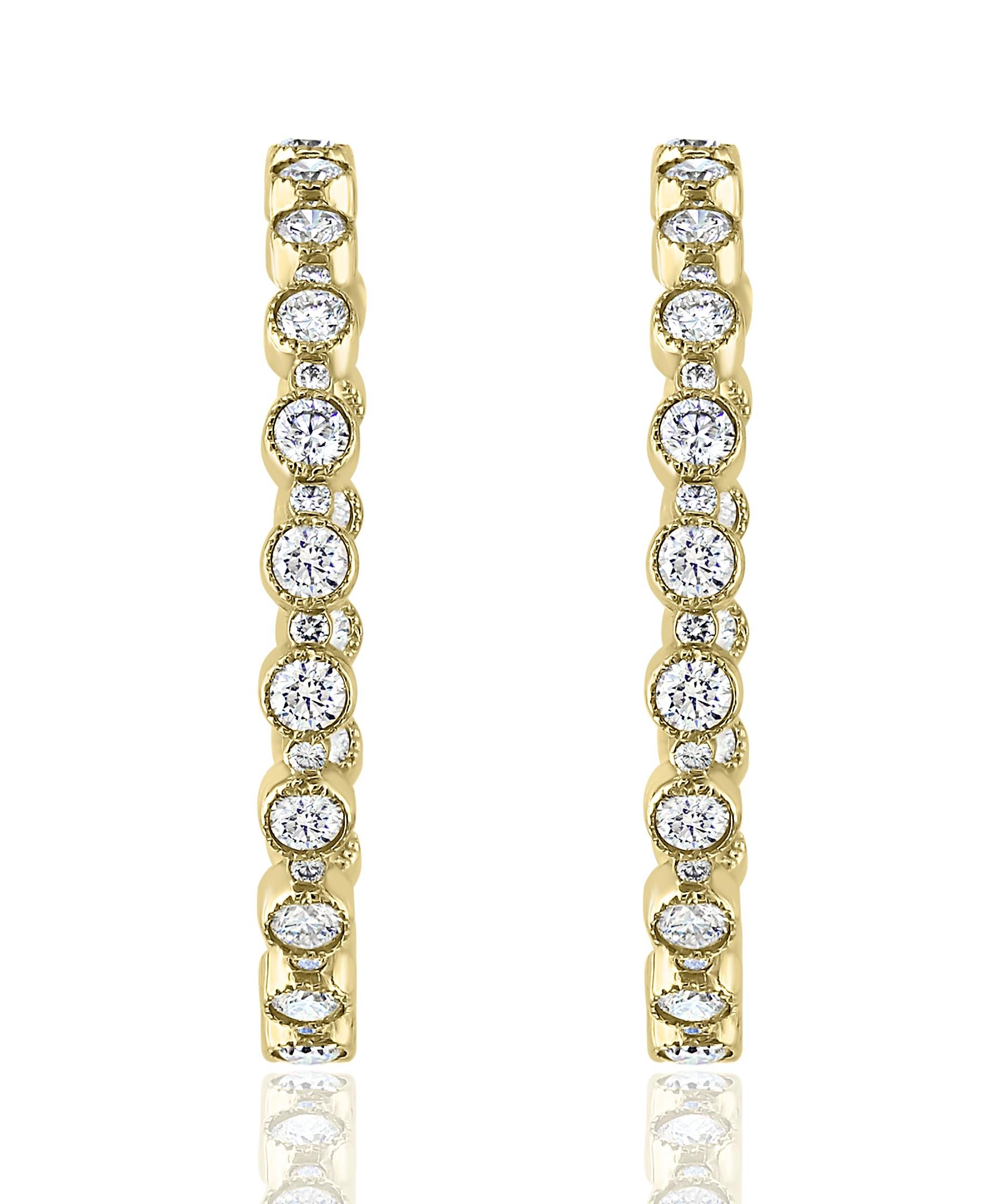 Contemporary 5.57 Carat Round Diamond Hoop Earrings in 14K Yellow Gold For Sale