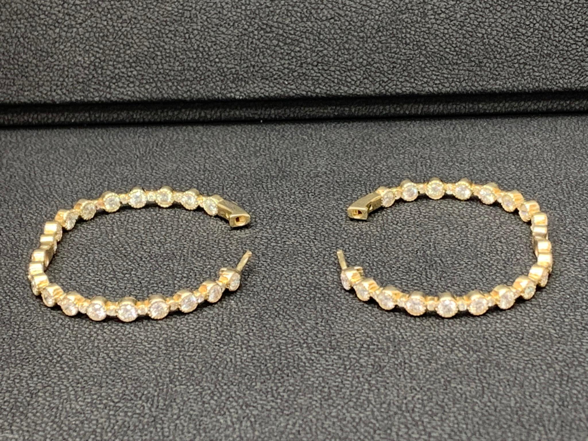 5.57 Carat Round Diamond Hoop Earrings in 14K Yellow Gold For Sale 1