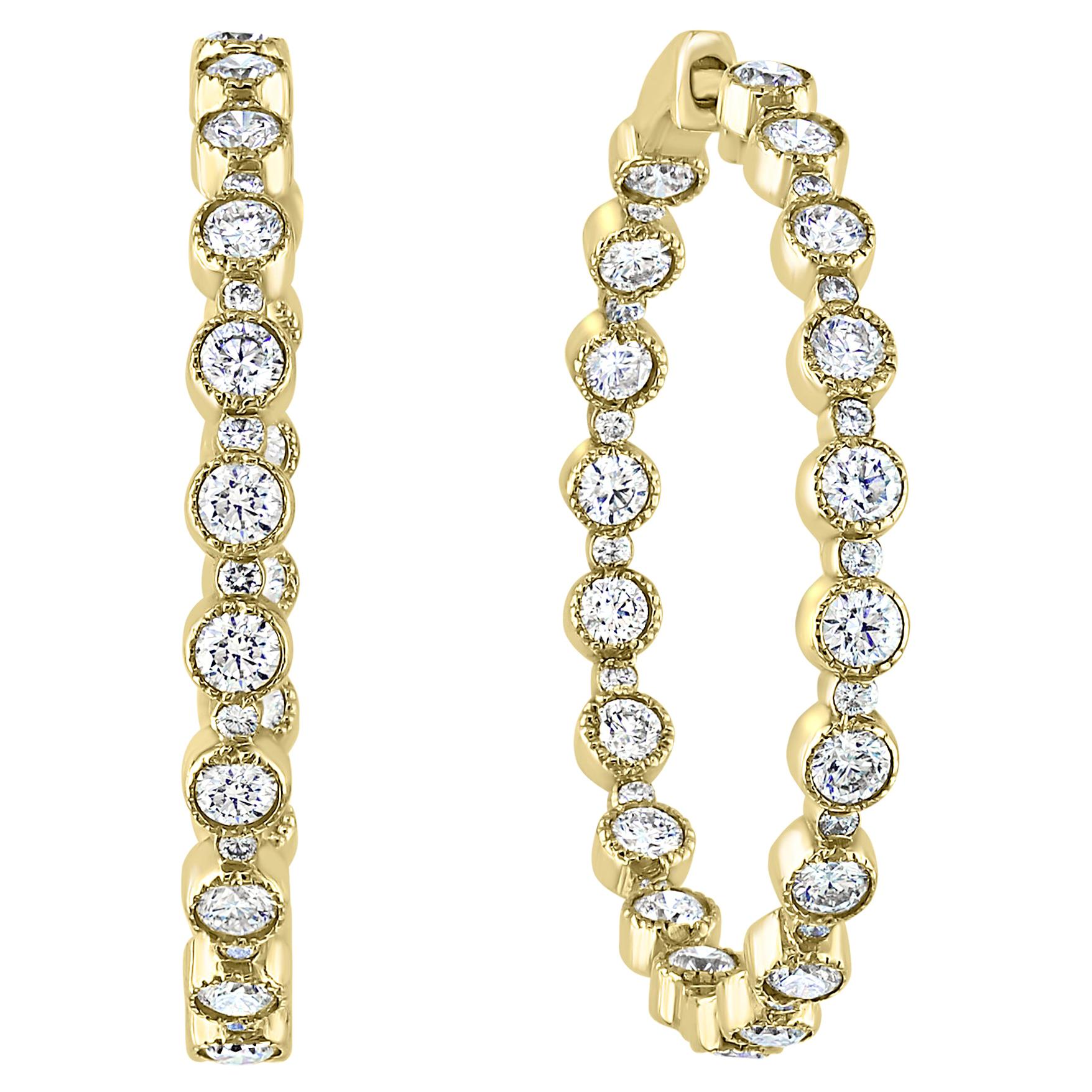 5.57 Carat Round Diamond Hoop Earrings in 14K Yellow Gold