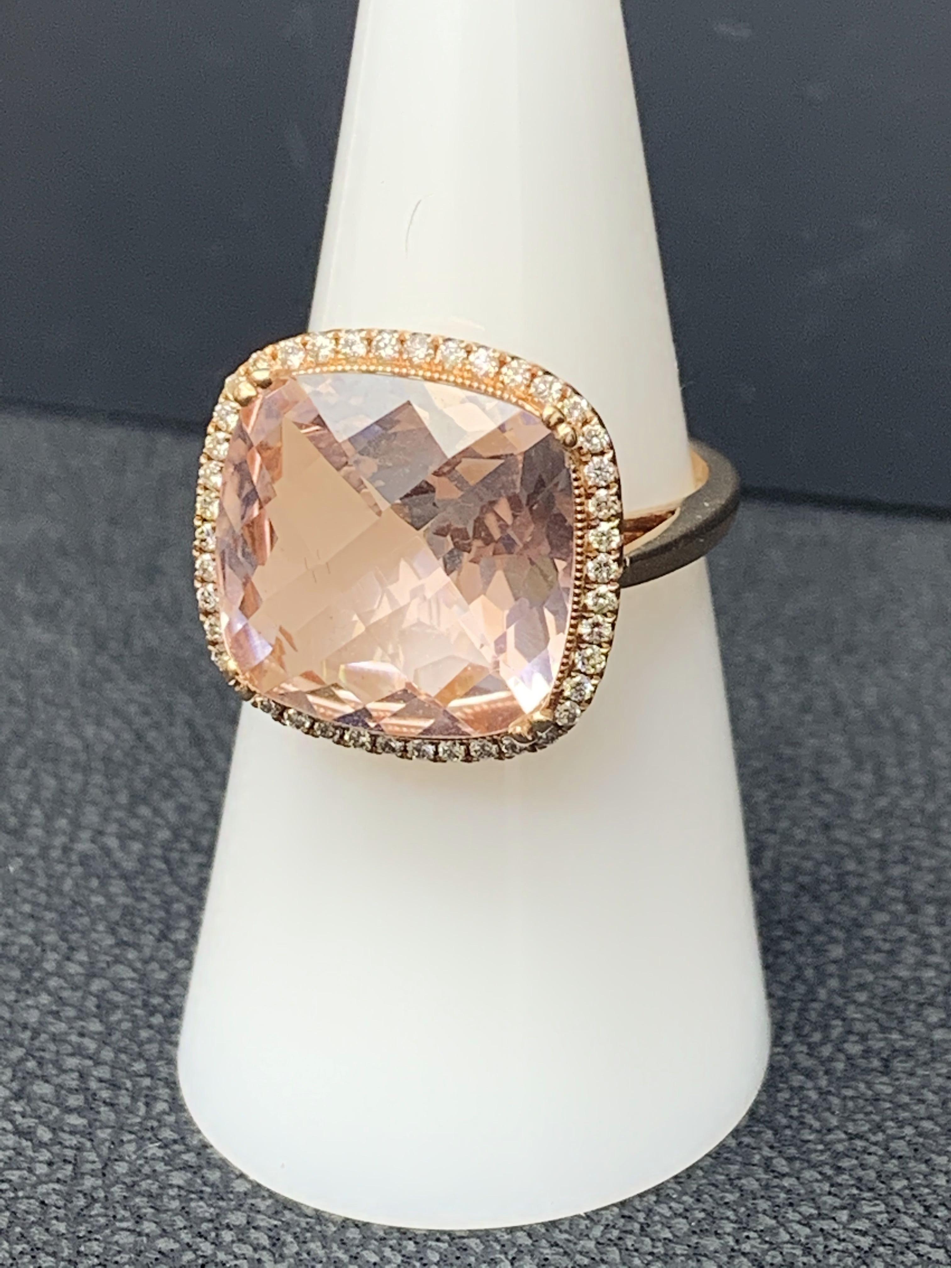 5.58 Carat Cushion Cut Morganite and Diamond 14K Rose Gold Cocktail Ring For Sale 5