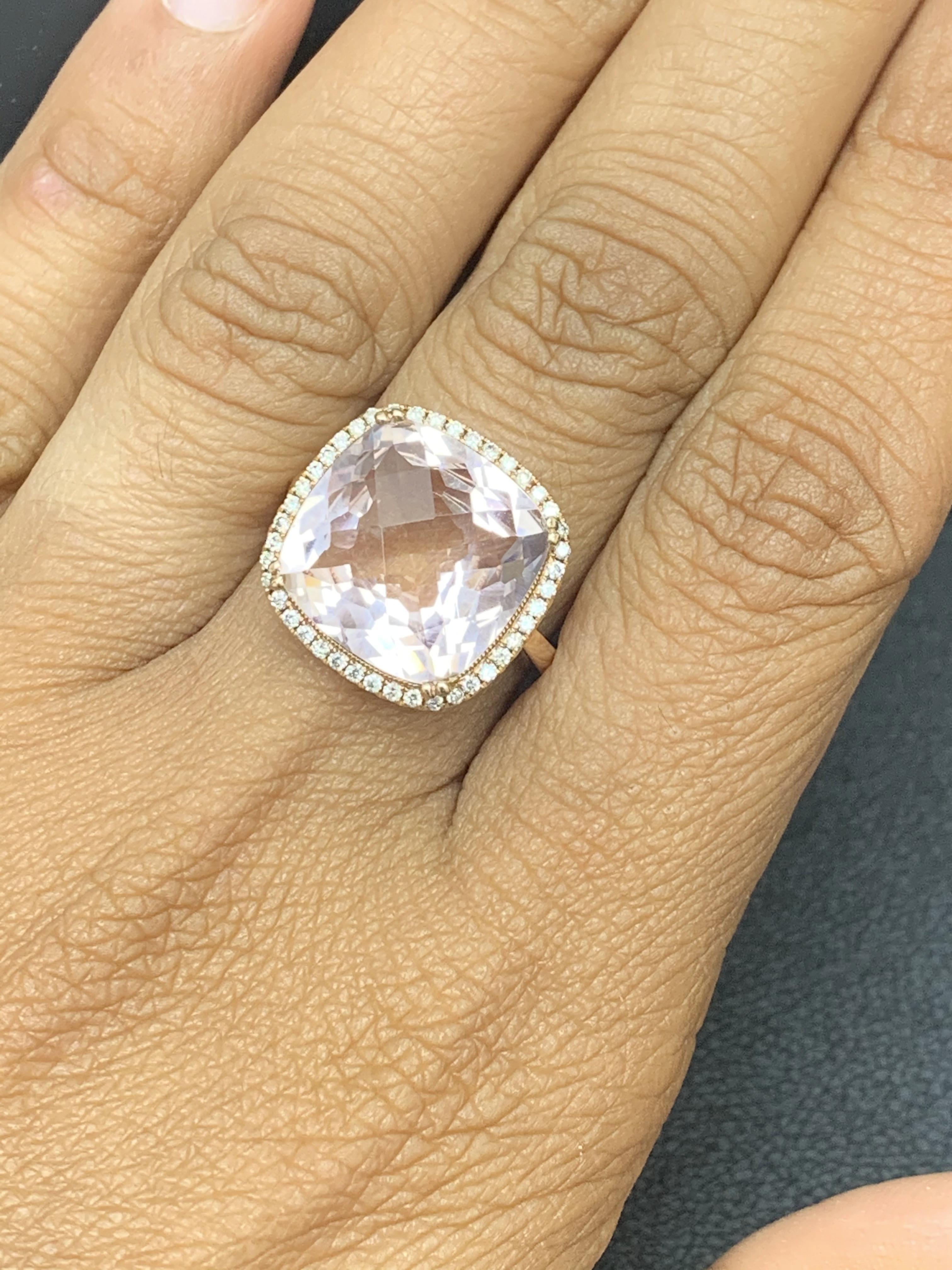 5.58 Carat Cushion Cut Morganite and Diamond 14K Rose Gold Cocktail Ring For Sale 7