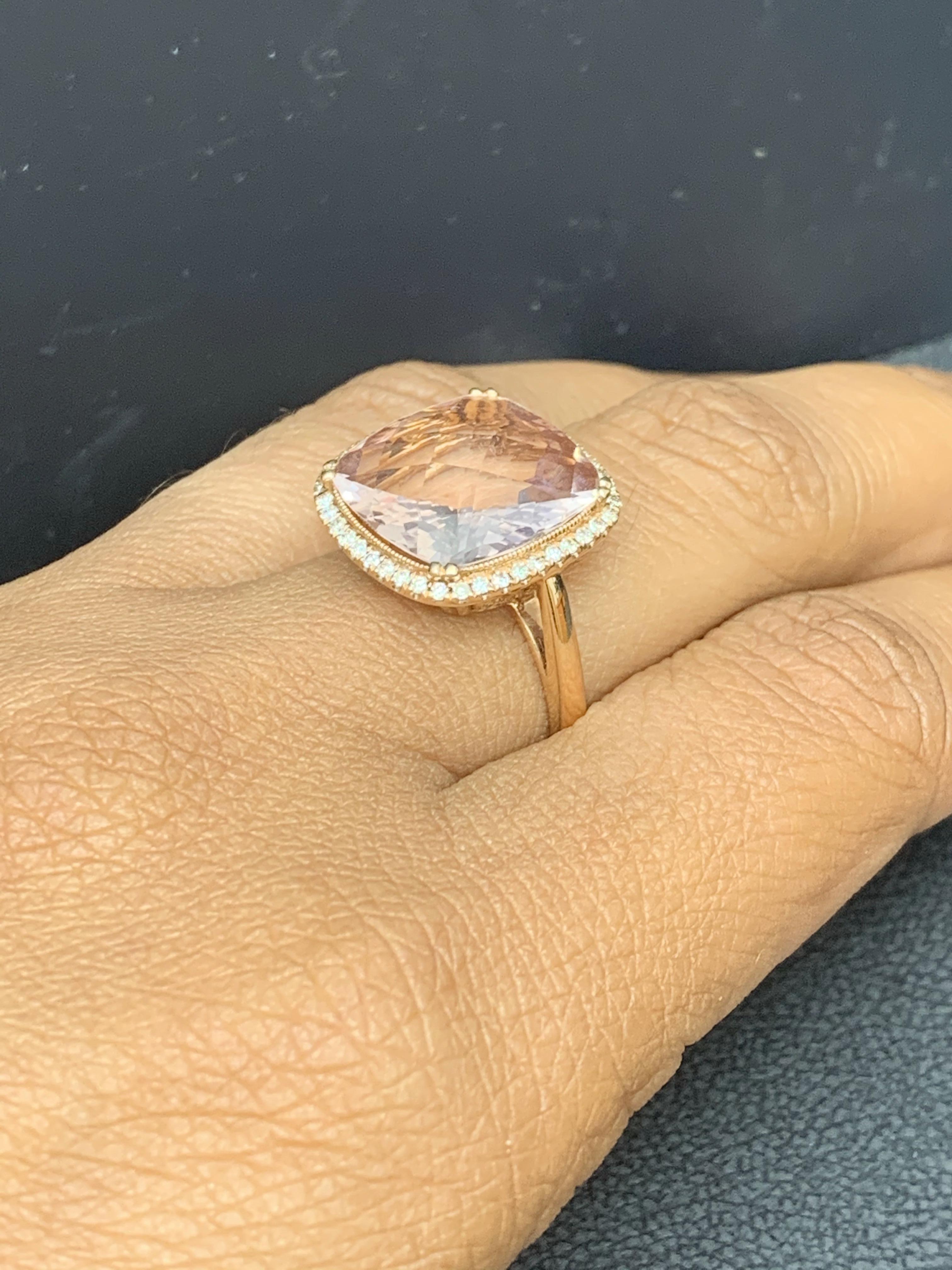 5.58 Carat Cushion Cut Morganite and Diamond 14K Rose Gold Cocktail Ring For Sale 8