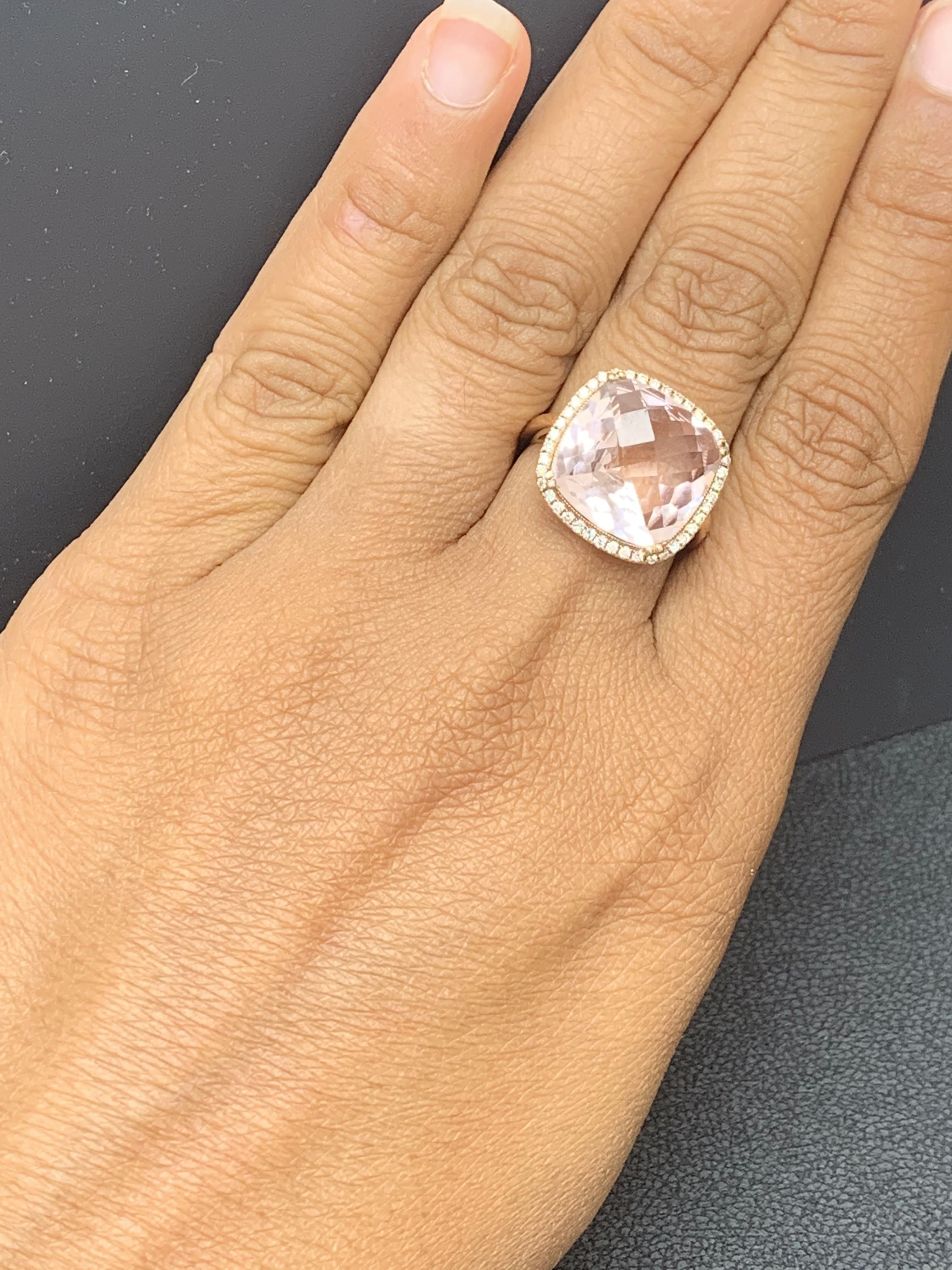 5.58 Carat Cushion Cut Morganite and Diamond 14K Rose Gold Cocktail Ring For Sale 9