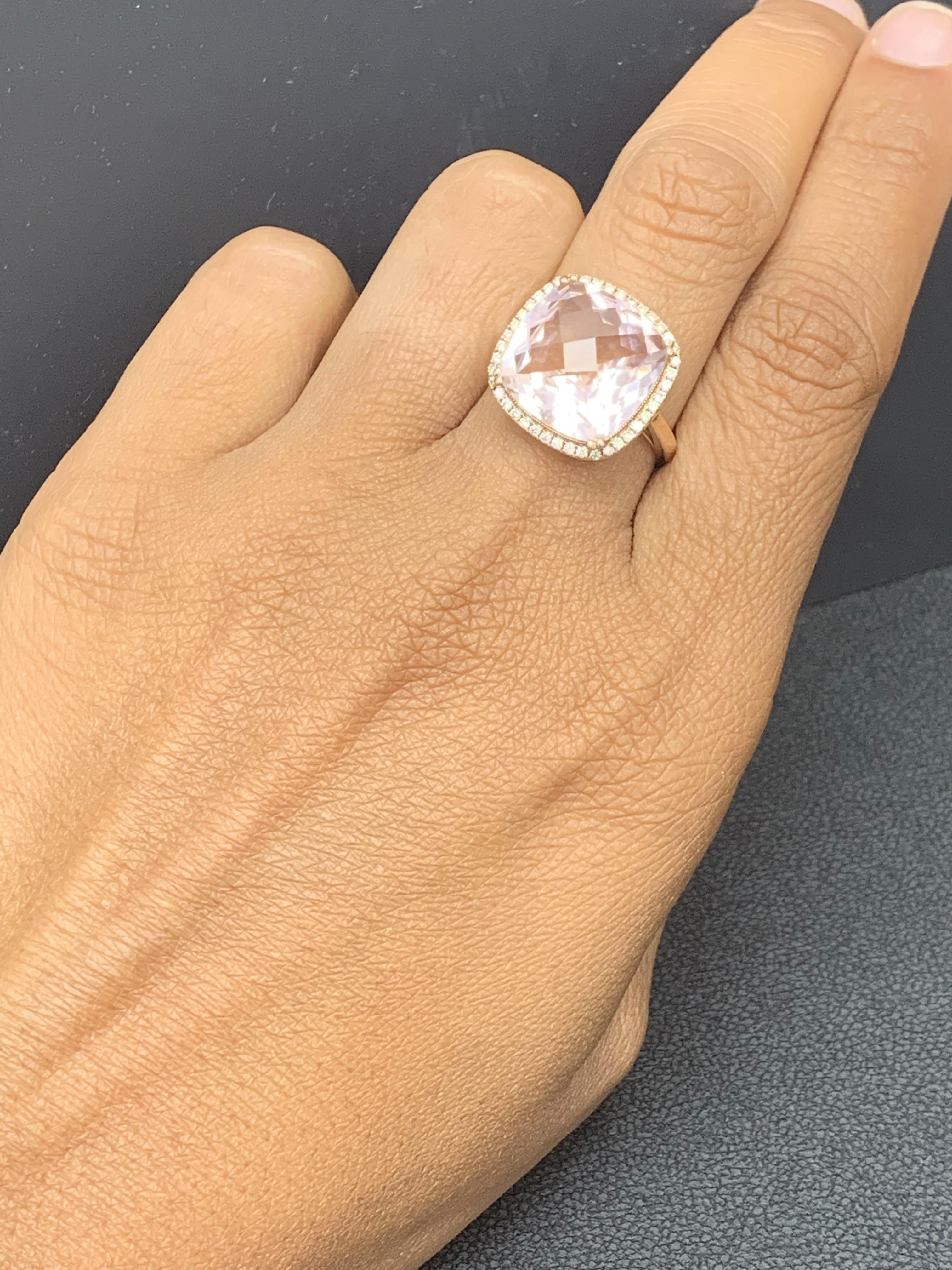 5.58 Carat Cushion Cut Morganite and Diamond 14K Rose Gold Cocktail Ring For Sale 10