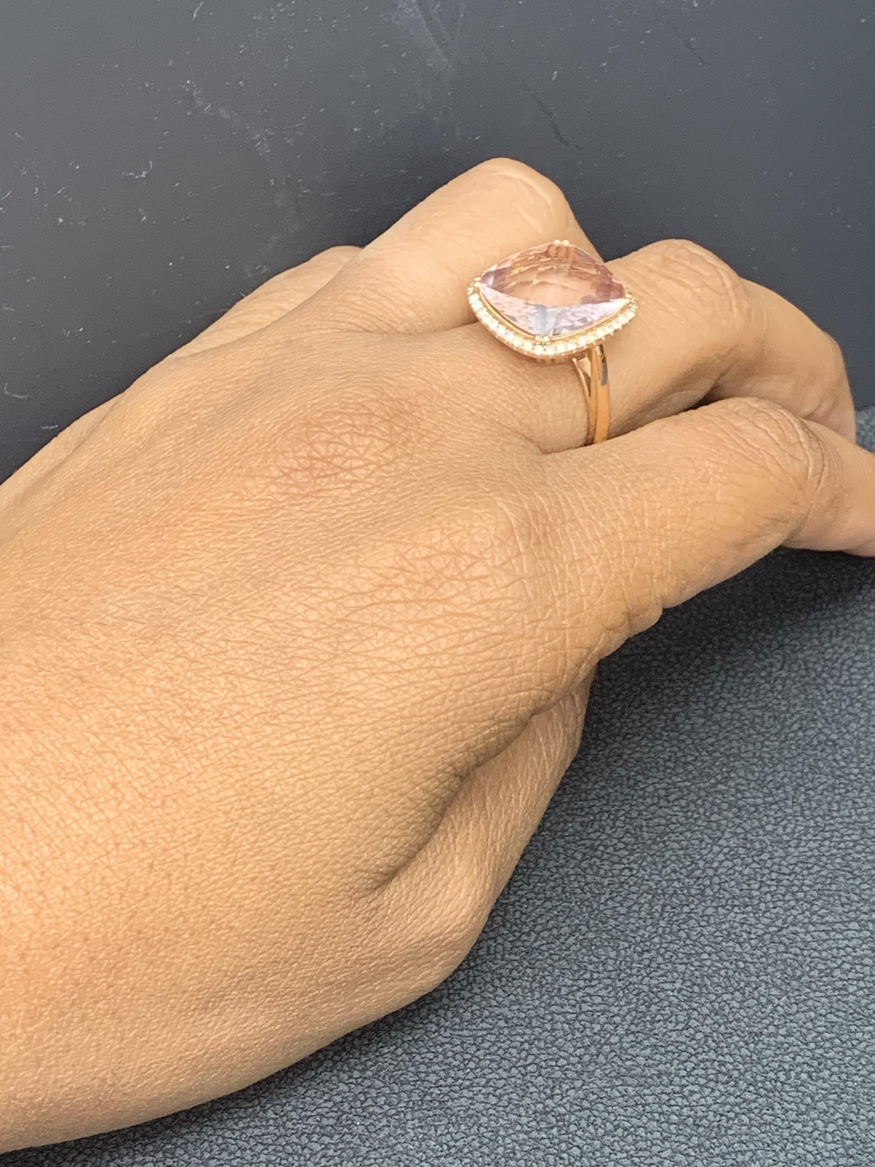 5.58 Carat Cushion Cut Morganite and Diamond 14K Rose Gold Cocktail Ring For Sale 11