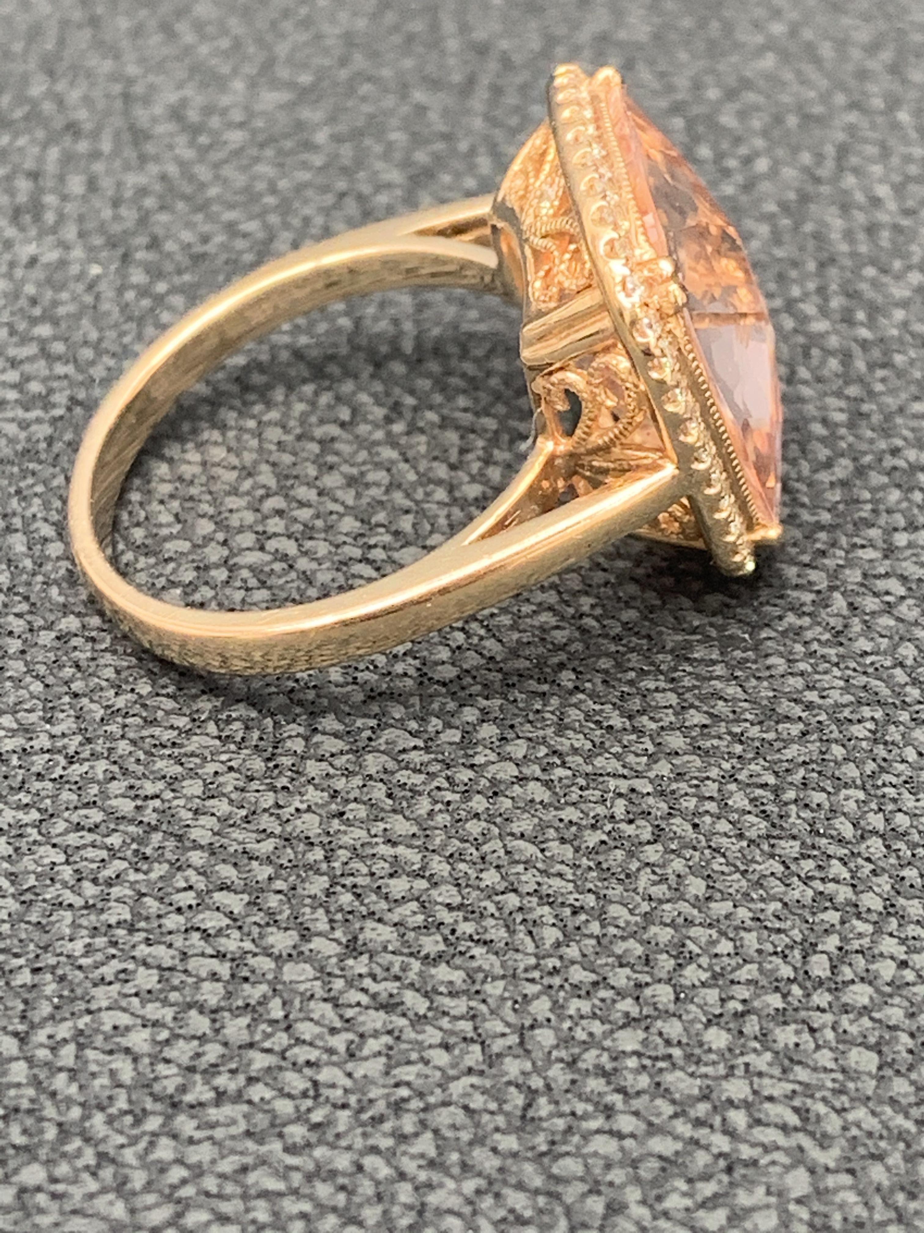5.58 Carat Cushion Cut Morganite and Diamond 14K Rose Gold Cocktail Ring For Sale 13