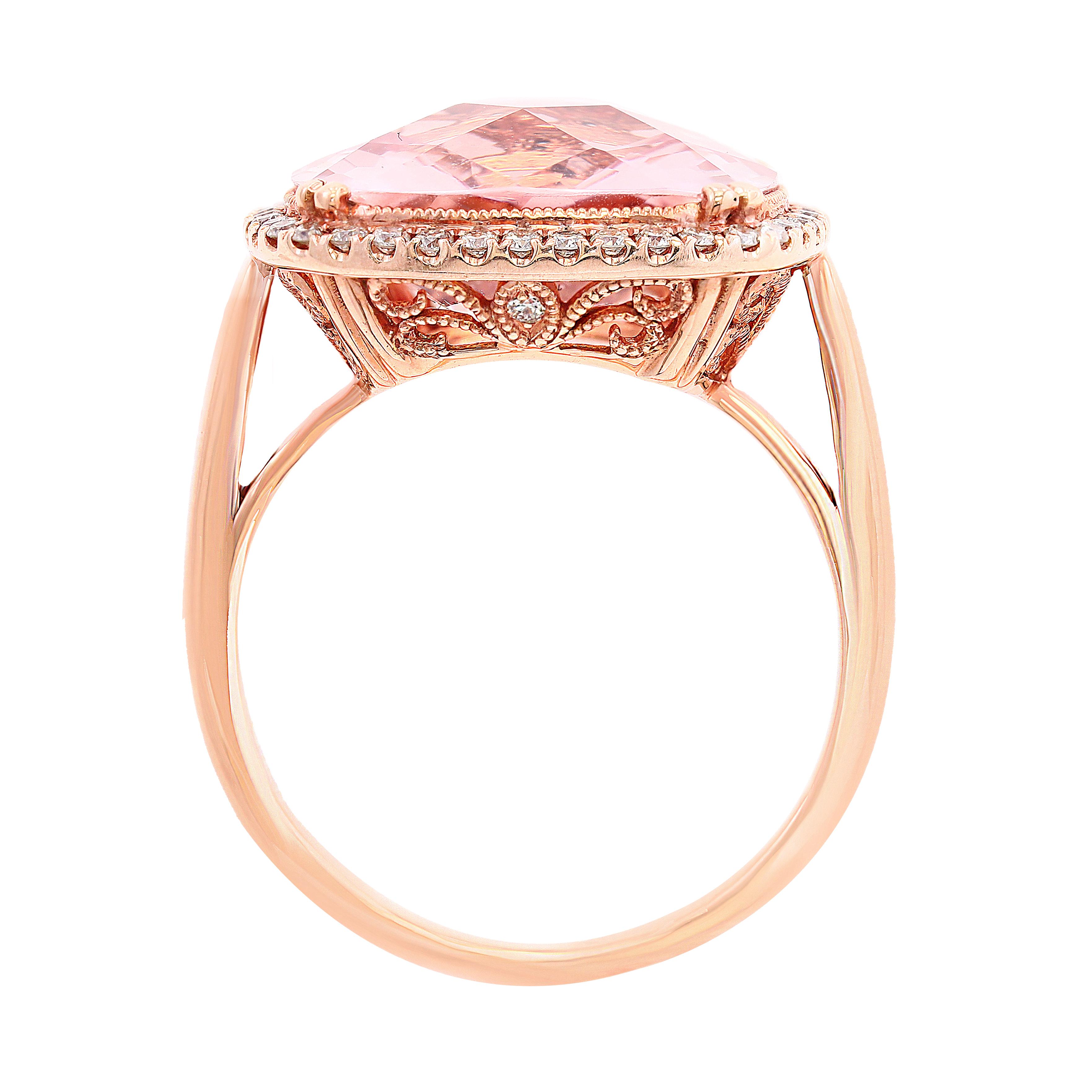 Modern 5.58 Carat Cushion Cut Morganite and Diamond 14K Rose Gold Cocktail Ring For Sale