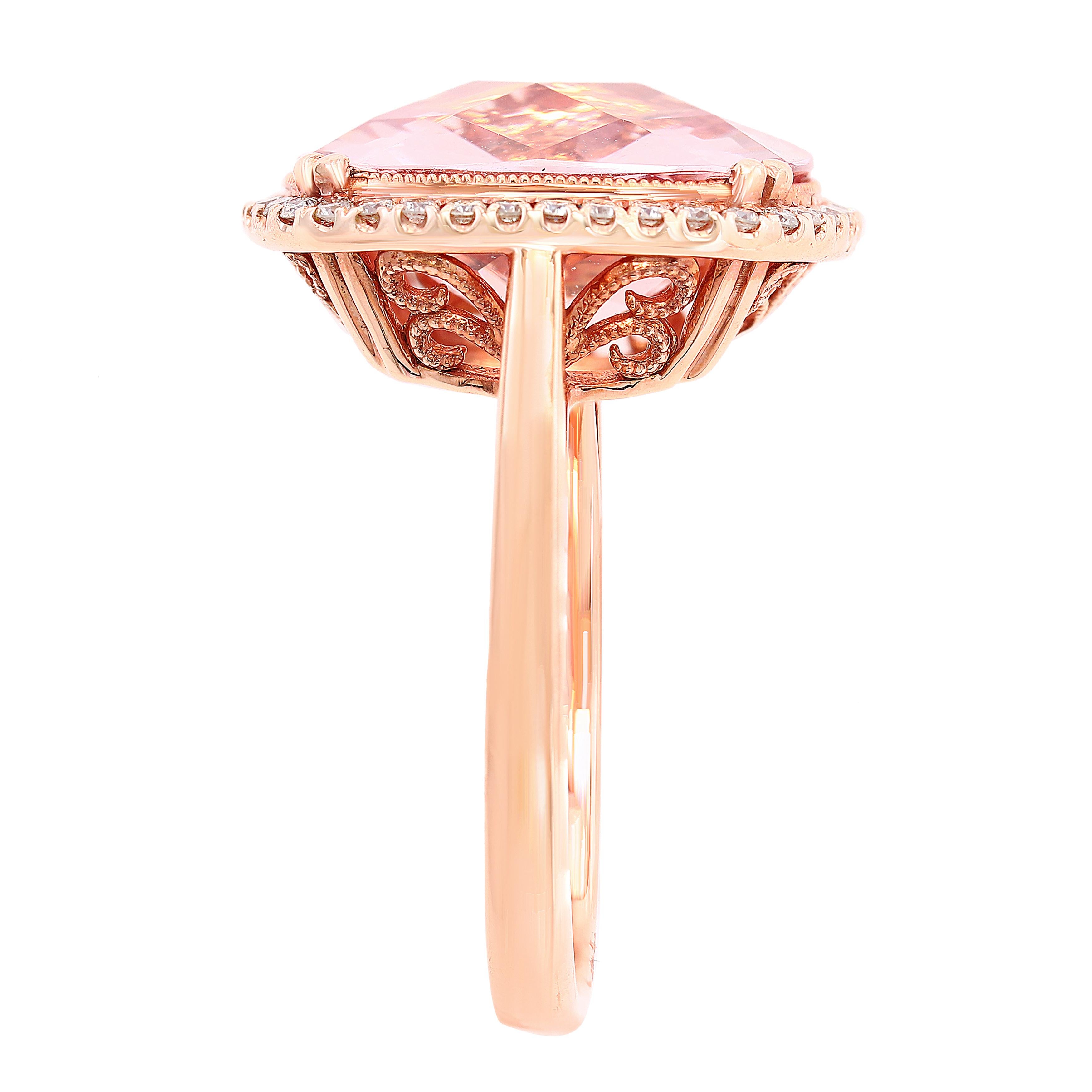 5.58 Carat Cushion Cut Morganite and Diamond 14K Rose Gold Cocktail Ring In New Condition For Sale In NEW YORK, NY