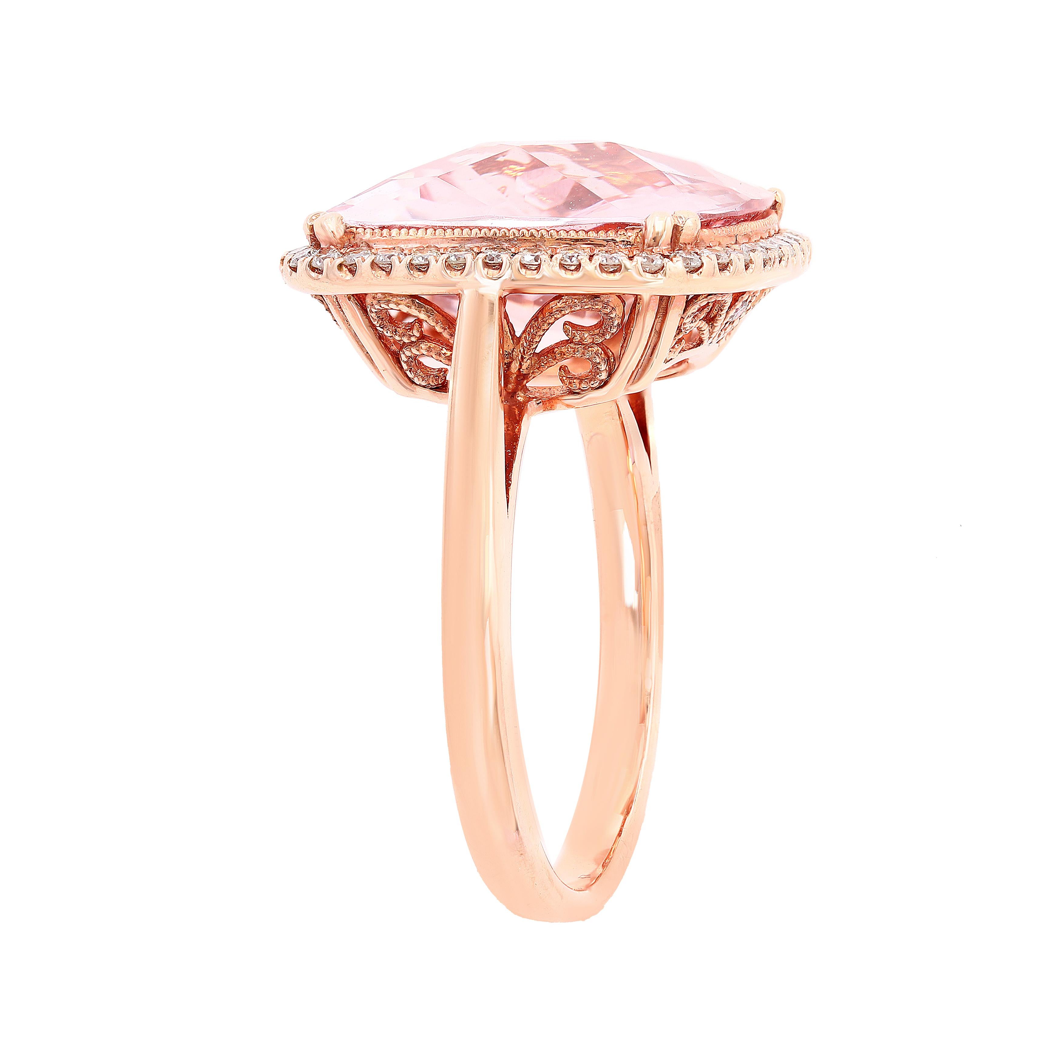 Women's 5.58 Carat Cushion Cut Morganite and Diamond 14K Rose Gold Cocktail Ring For Sale