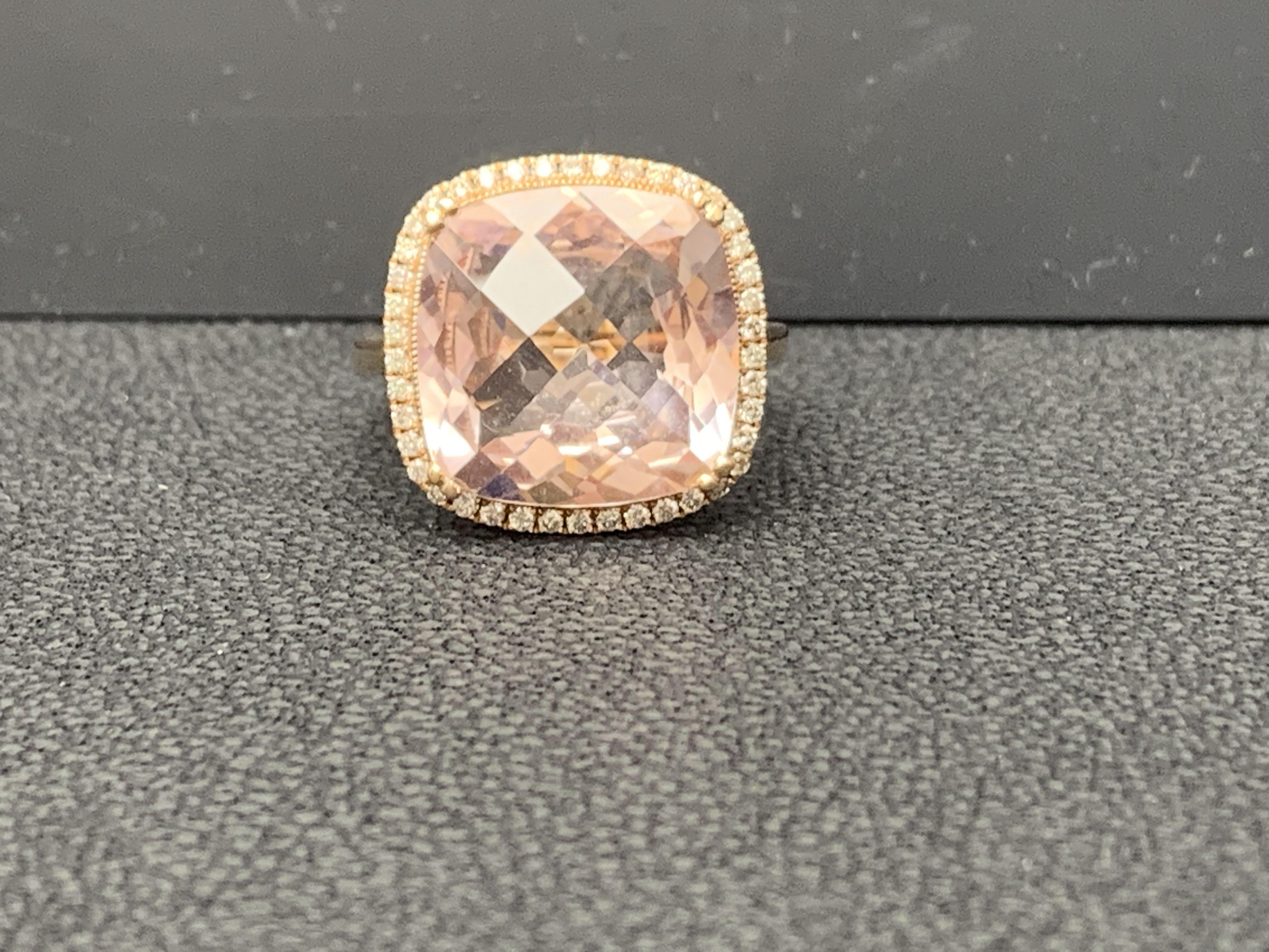 5.58 Carat Cushion Cut Morganite and Diamond 14K Rose Gold Cocktail Ring For Sale 1