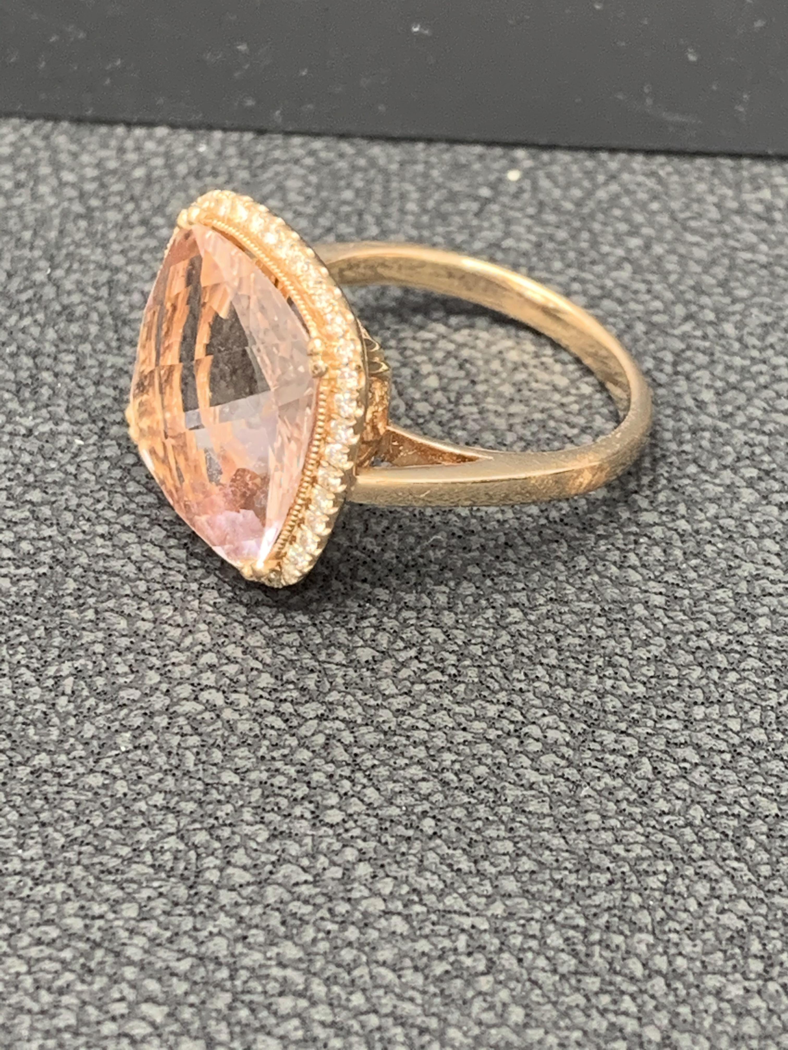 5.58 Carat Cushion Cut Morganite and Diamond 14K Rose Gold Cocktail Ring For Sale 2