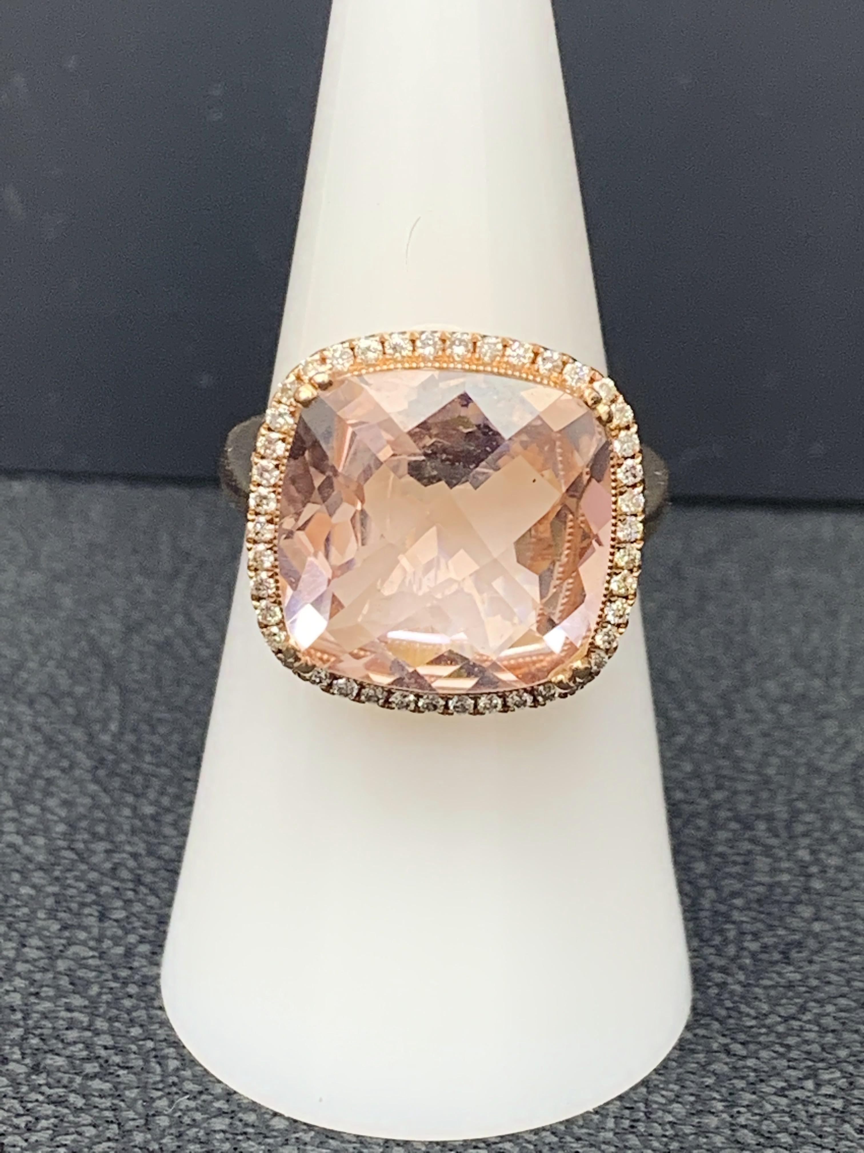 5.58 Carat Cushion Cut Morganite and Diamond 14K Rose Gold Cocktail Ring For Sale 4