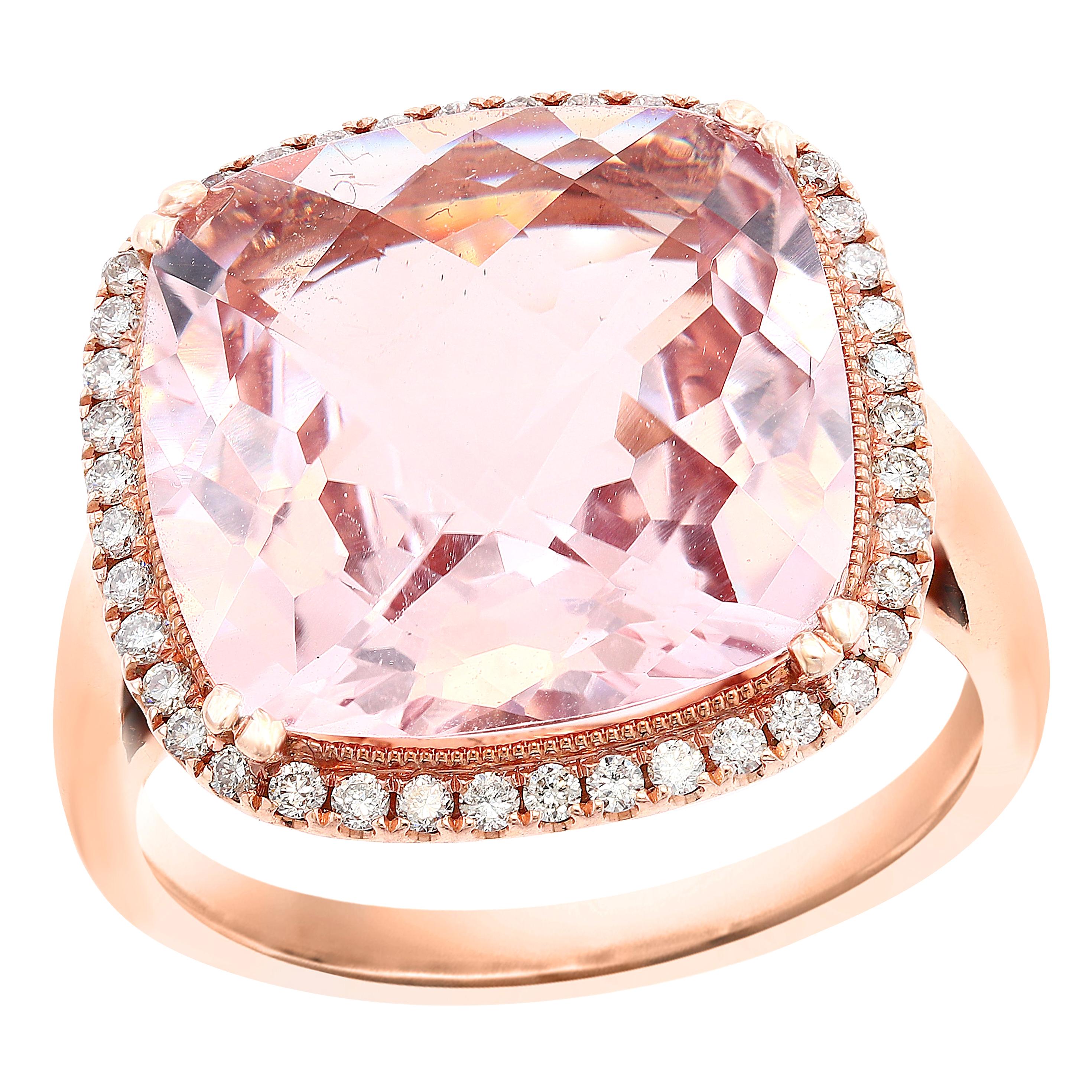 5.58 Carat Cushion Cut Morganite and Diamond 14K Rose Gold Cocktail Ring For Sale