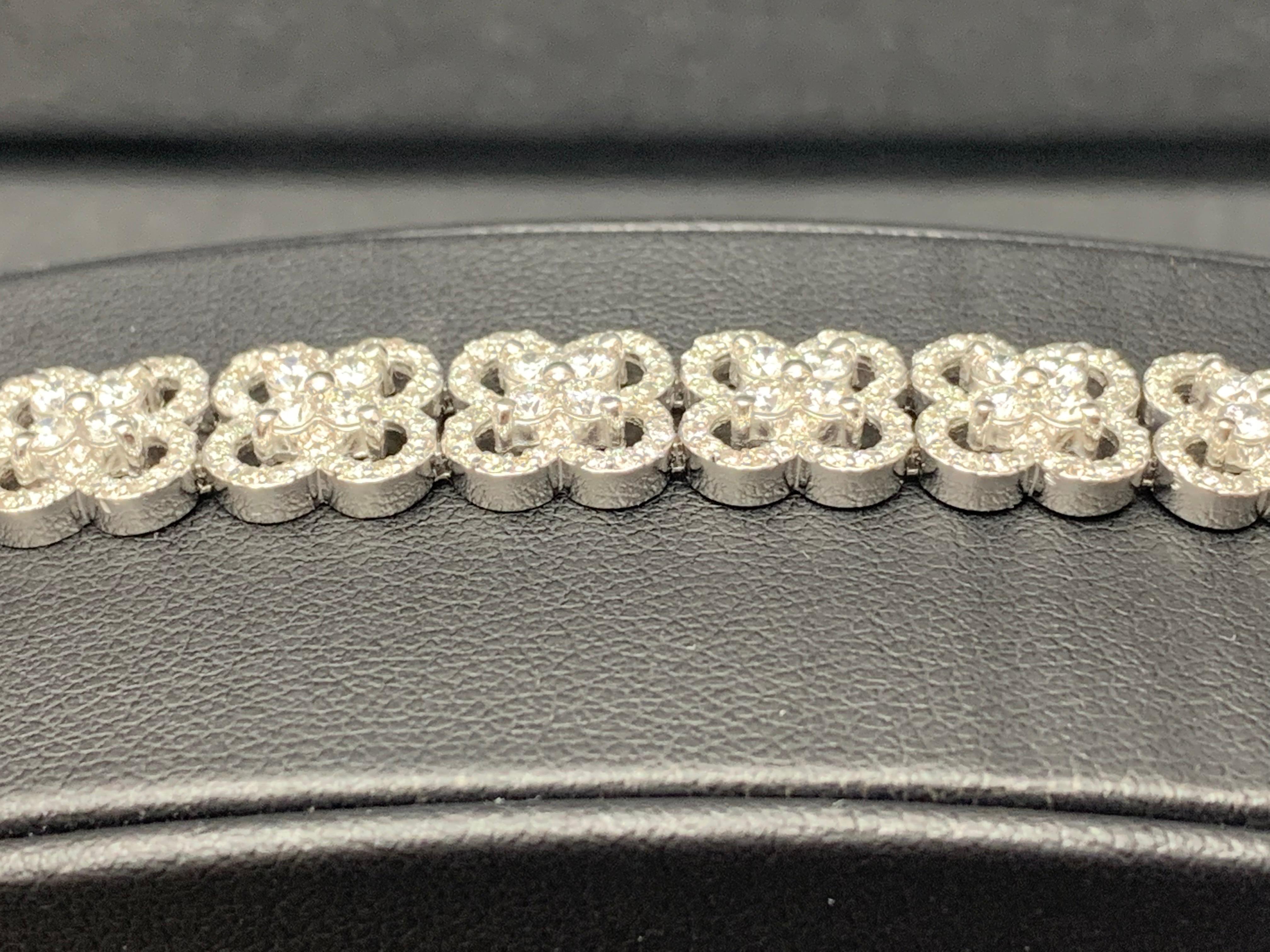 6.03 Carat Round Cut Flower Diamond Tennis Bracelet in 14K White Gold For Sale 2