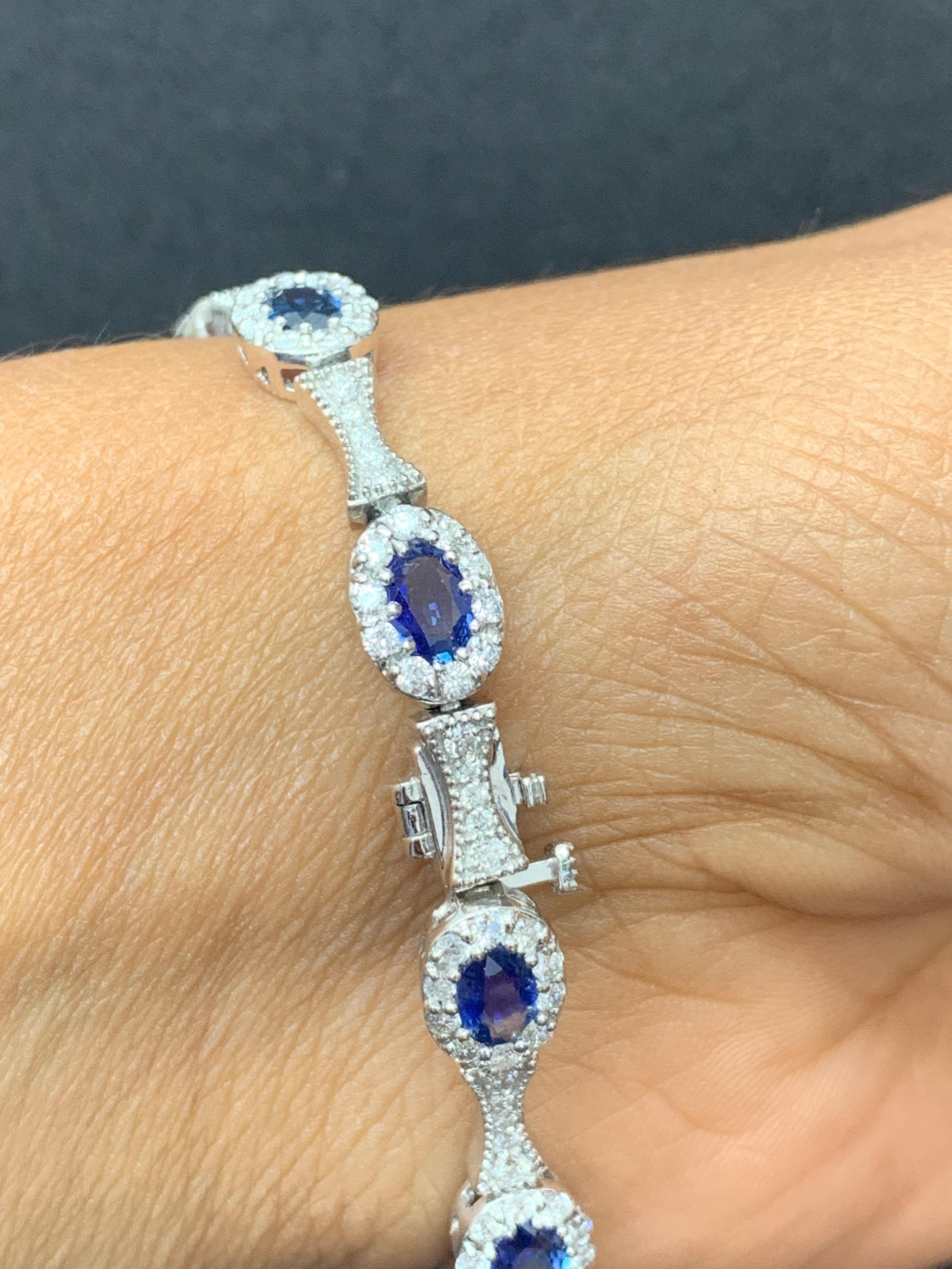 6.19 Carat Oval Cut Blue Sapphire Diamond Bracelet in 14K White Gold For Sale 5