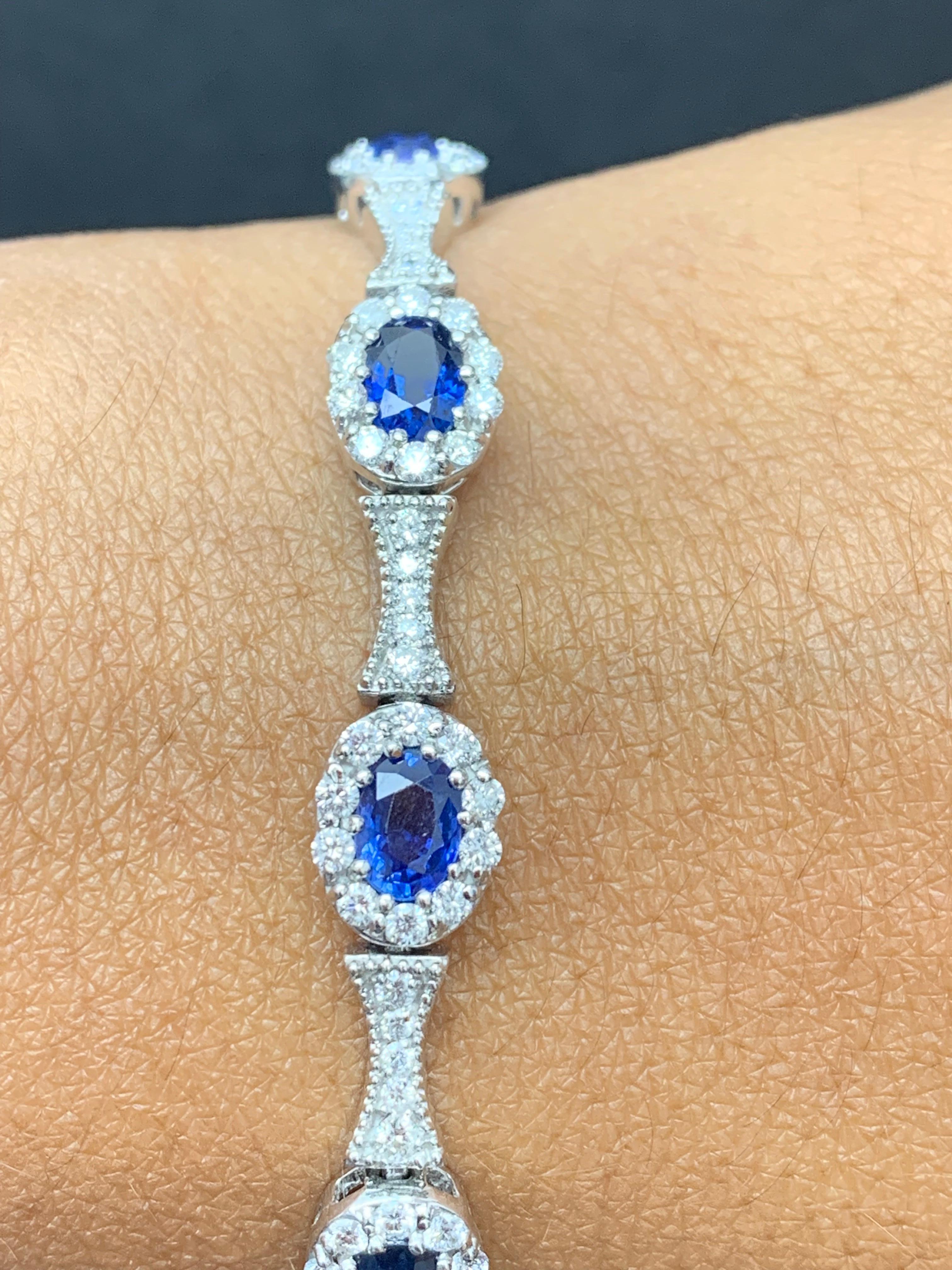 6.19 Carat Oval Cut Blue Sapphire Diamond Bracelet in 14K White Gold For Sale 6
