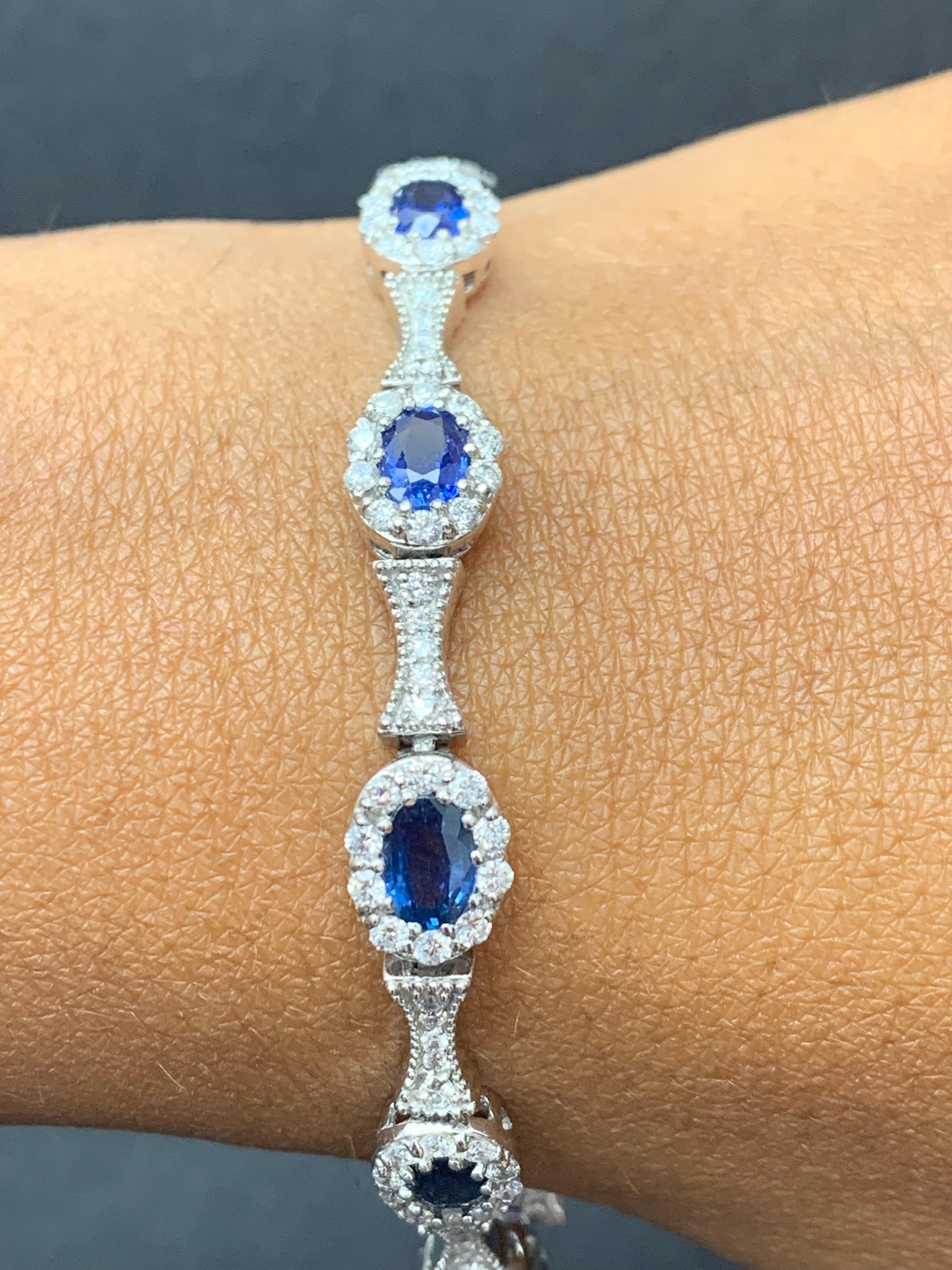 6.19 Carat Oval Cut Blue Sapphire Diamond Bracelet in 14K White Gold For Sale 7