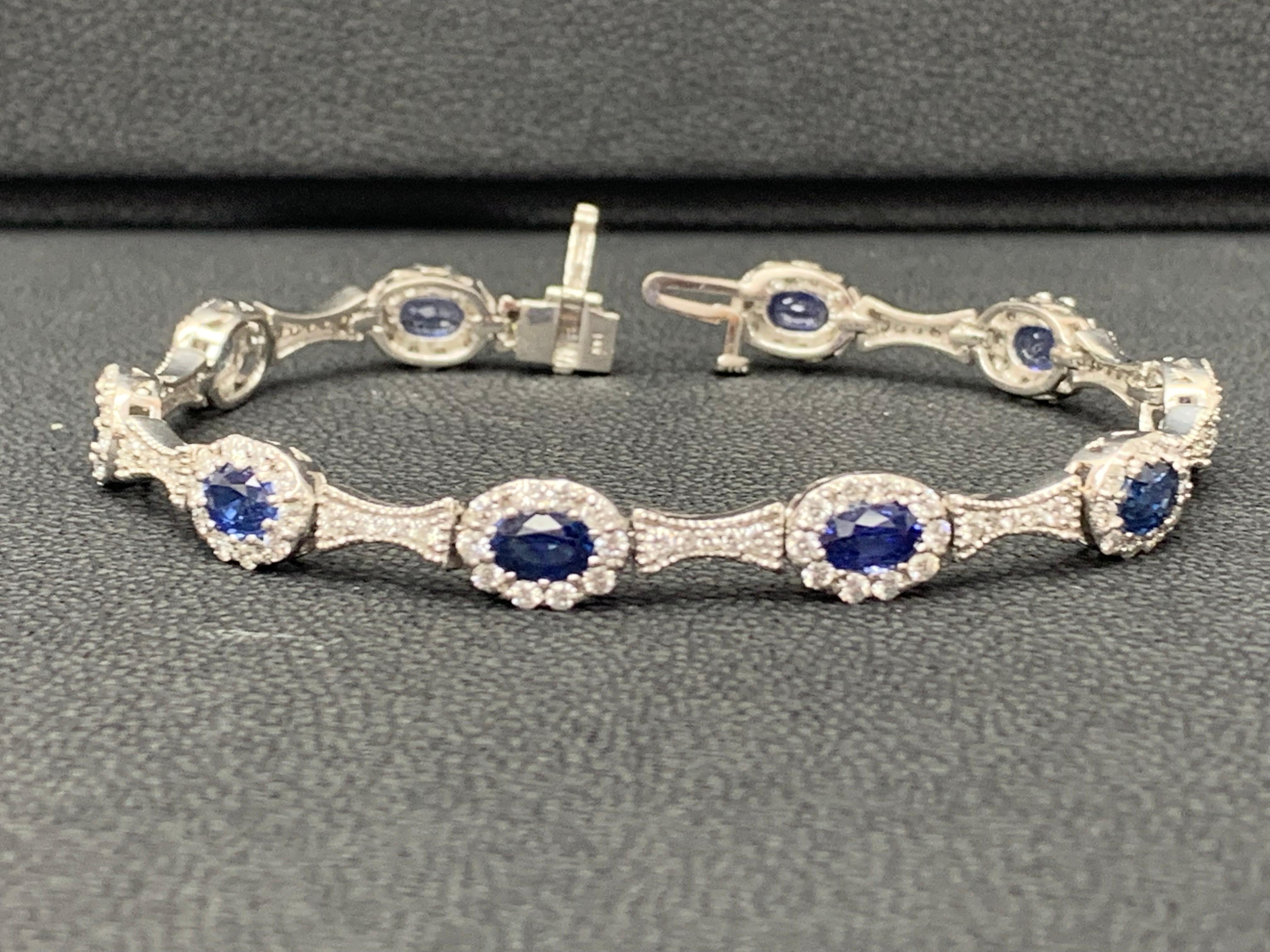 Modern 6.19 Carat Oval Cut Blue Sapphire Diamond Bracelet in 14K White Gold For Sale