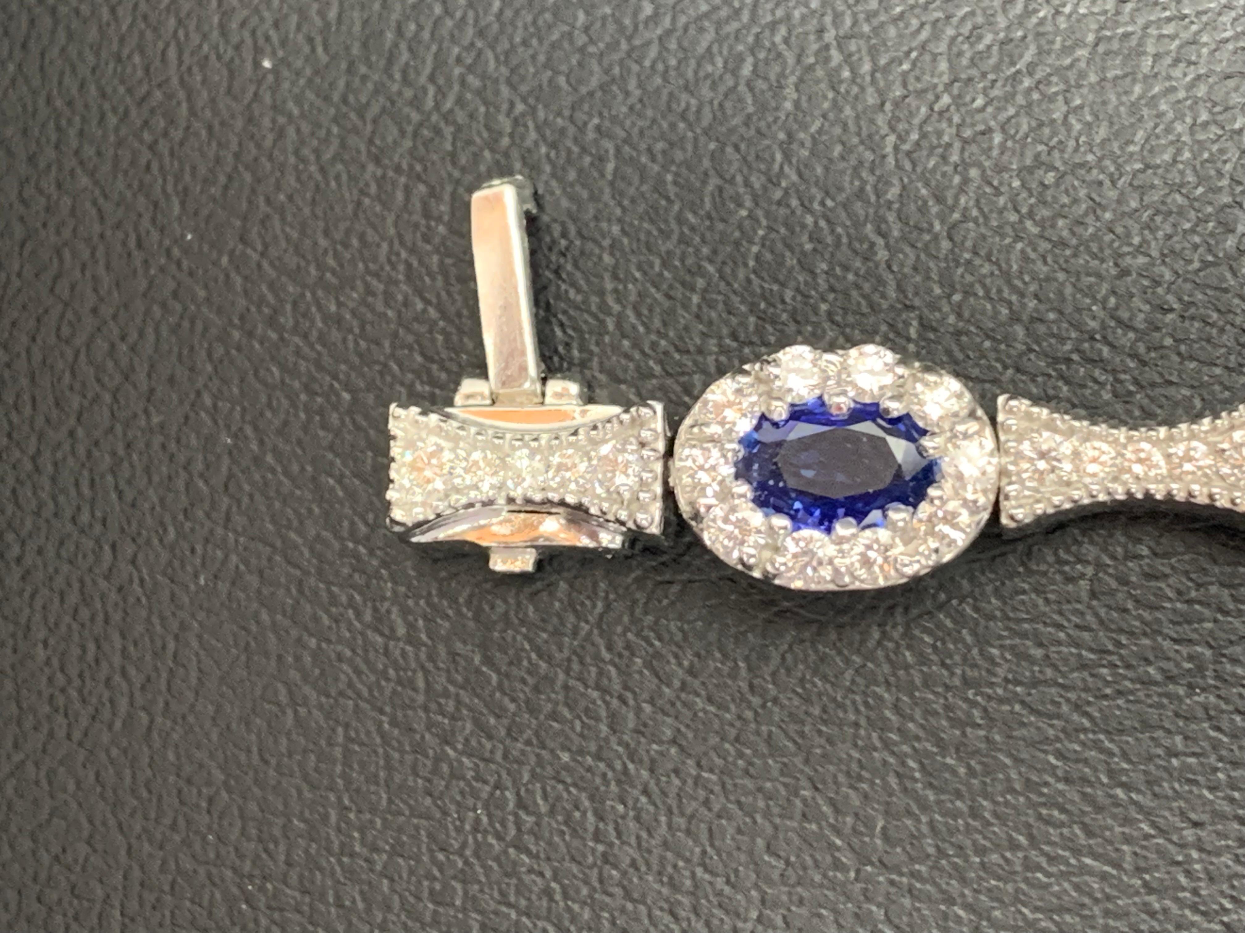 Women's 6.19 Carat Oval Cut Blue Sapphire Diamond Bracelet in 14K White Gold For Sale