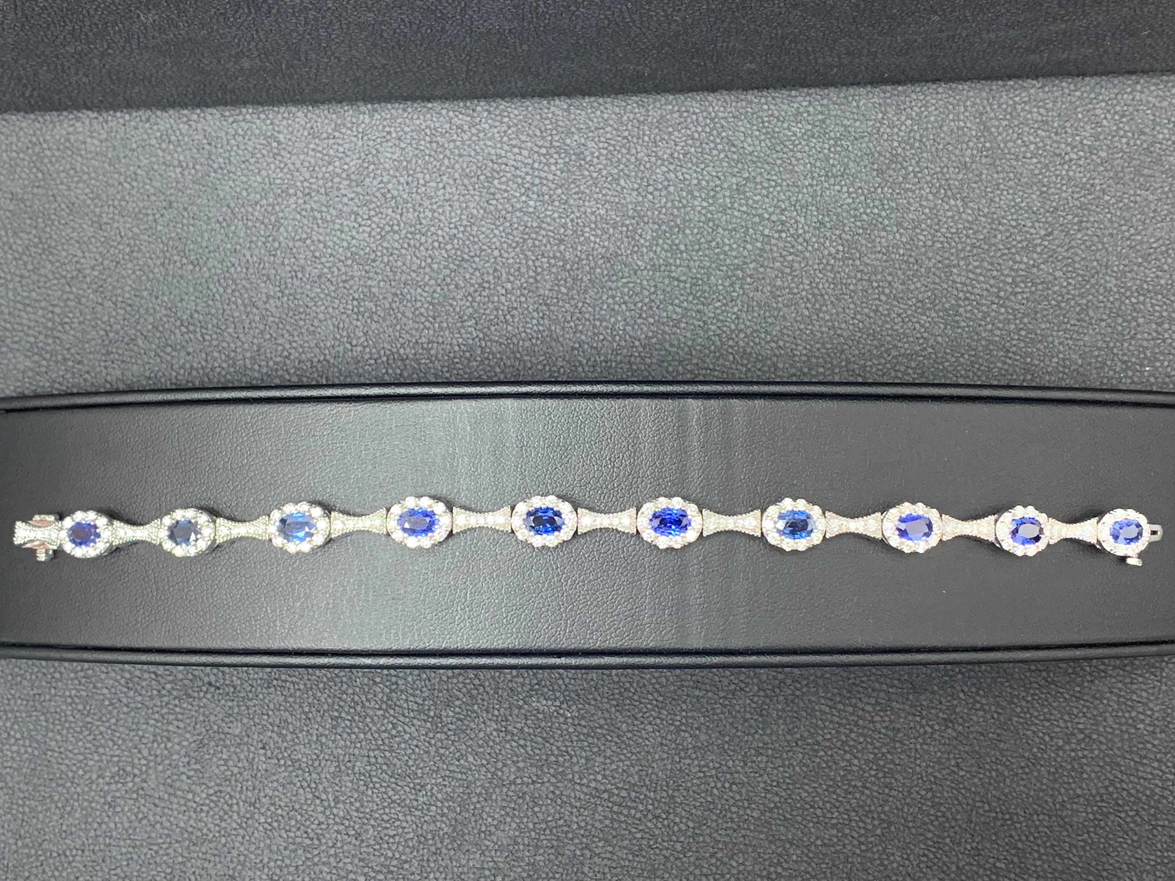 6.19 Carat Oval Cut Blue Sapphire Diamond Bracelet in 14K White Gold For Sale 1