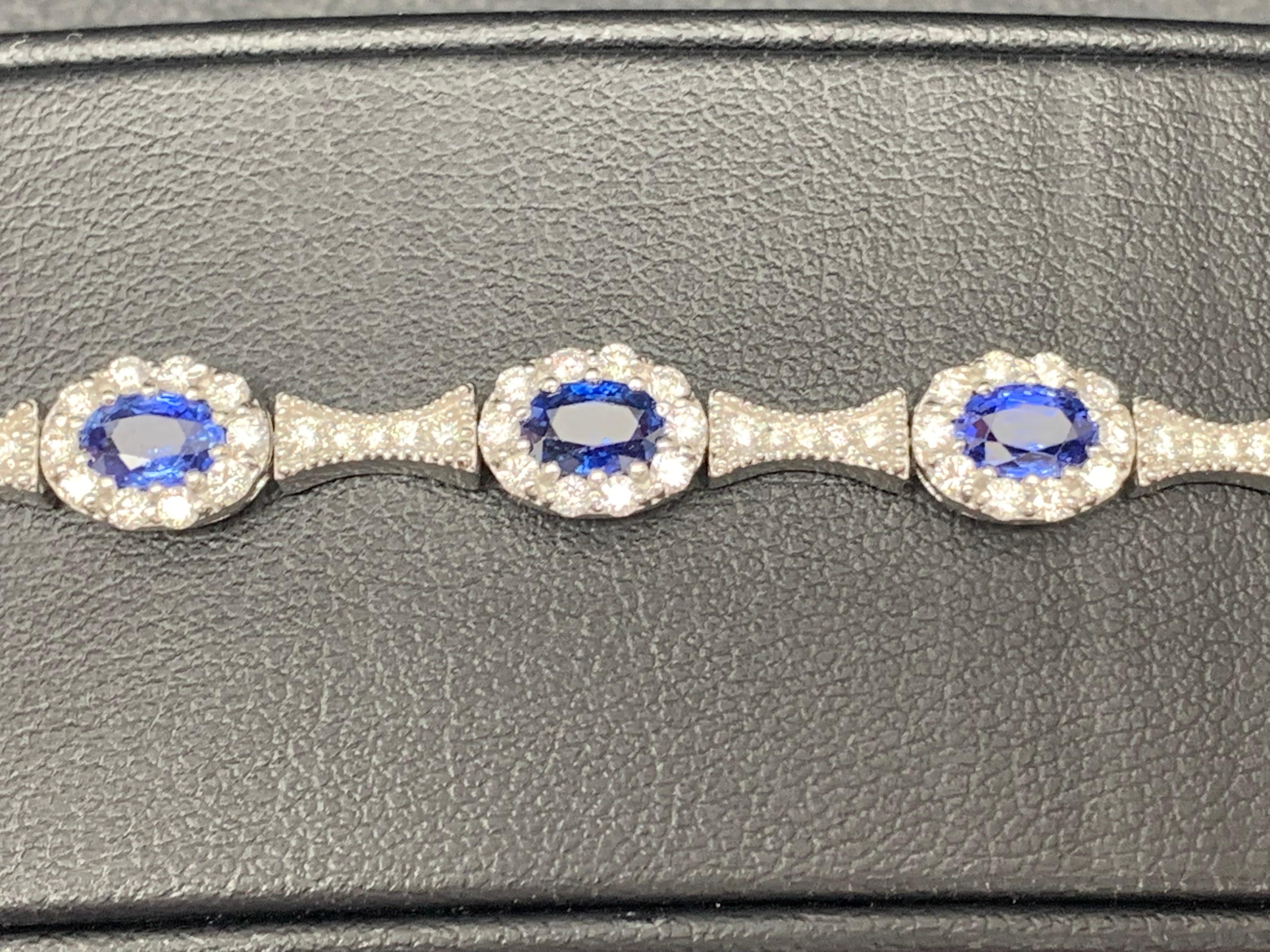 6.19 Carat Oval Cut Blue Sapphire Diamond Bracelet in 14K White Gold For Sale 2