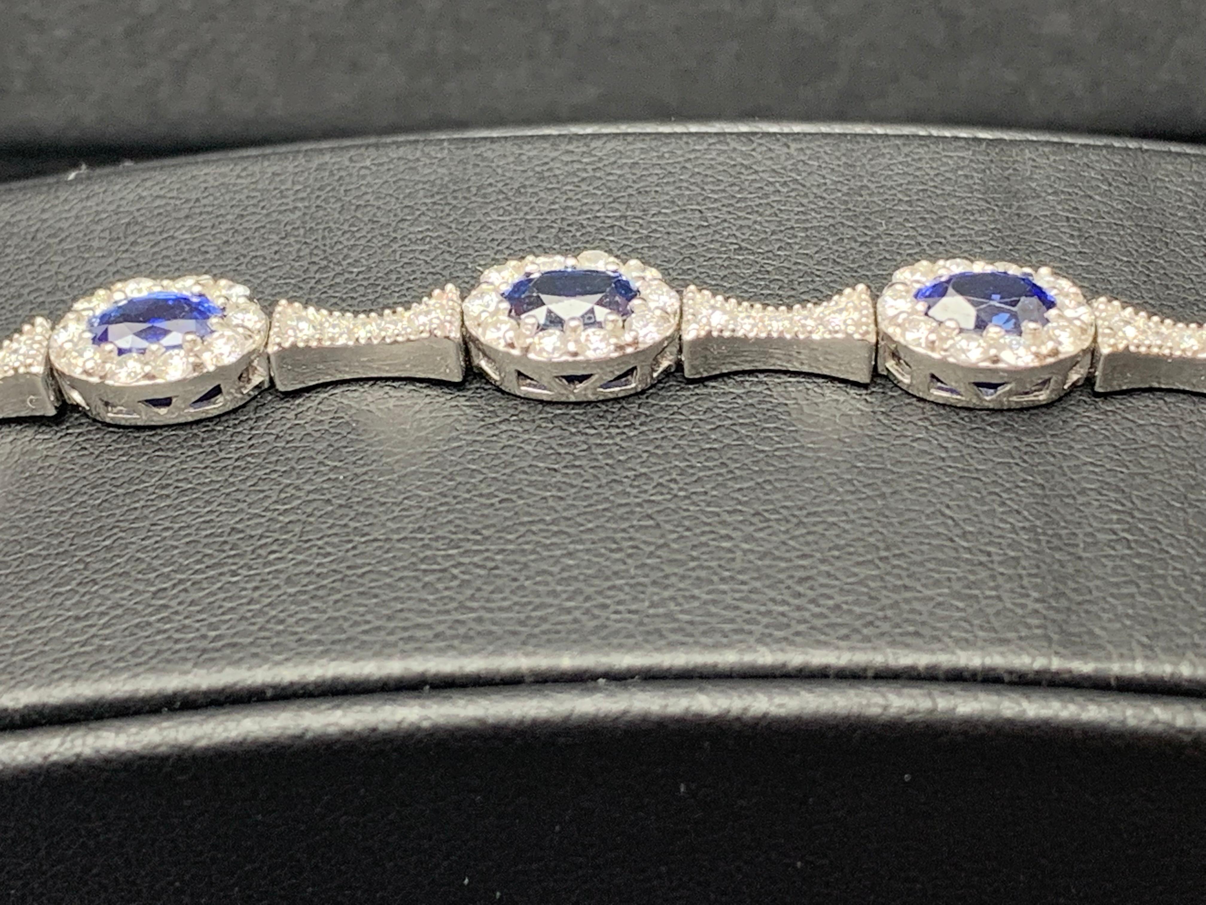 6.19 Carat Oval Cut Blue Sapphire Diamond Bracelet in 14K White Gold For Sale 3