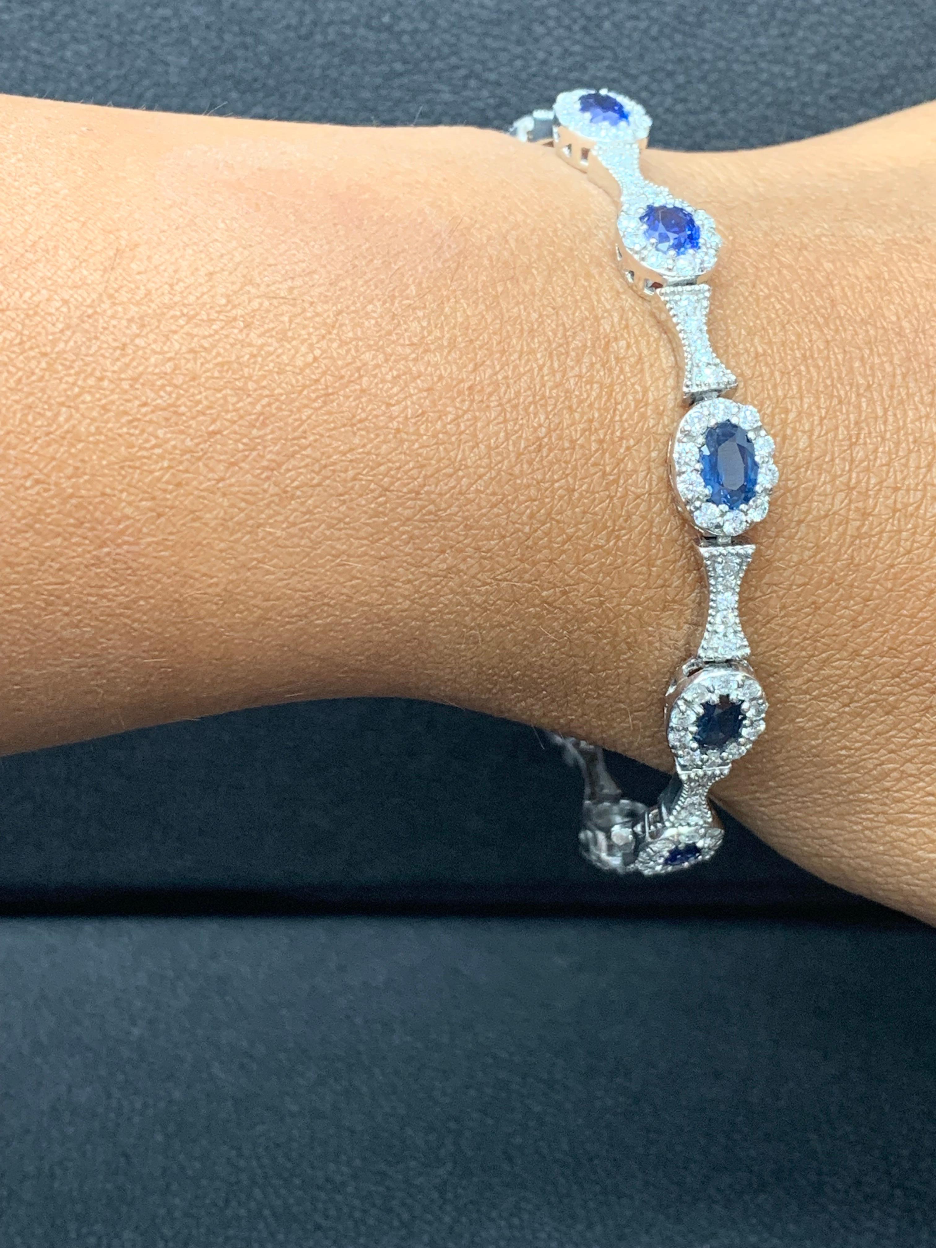 6,19 Karat Blauer Saphir im Ovalschliff Diamant-Armband aus 14K Weißgold im Angebot 4