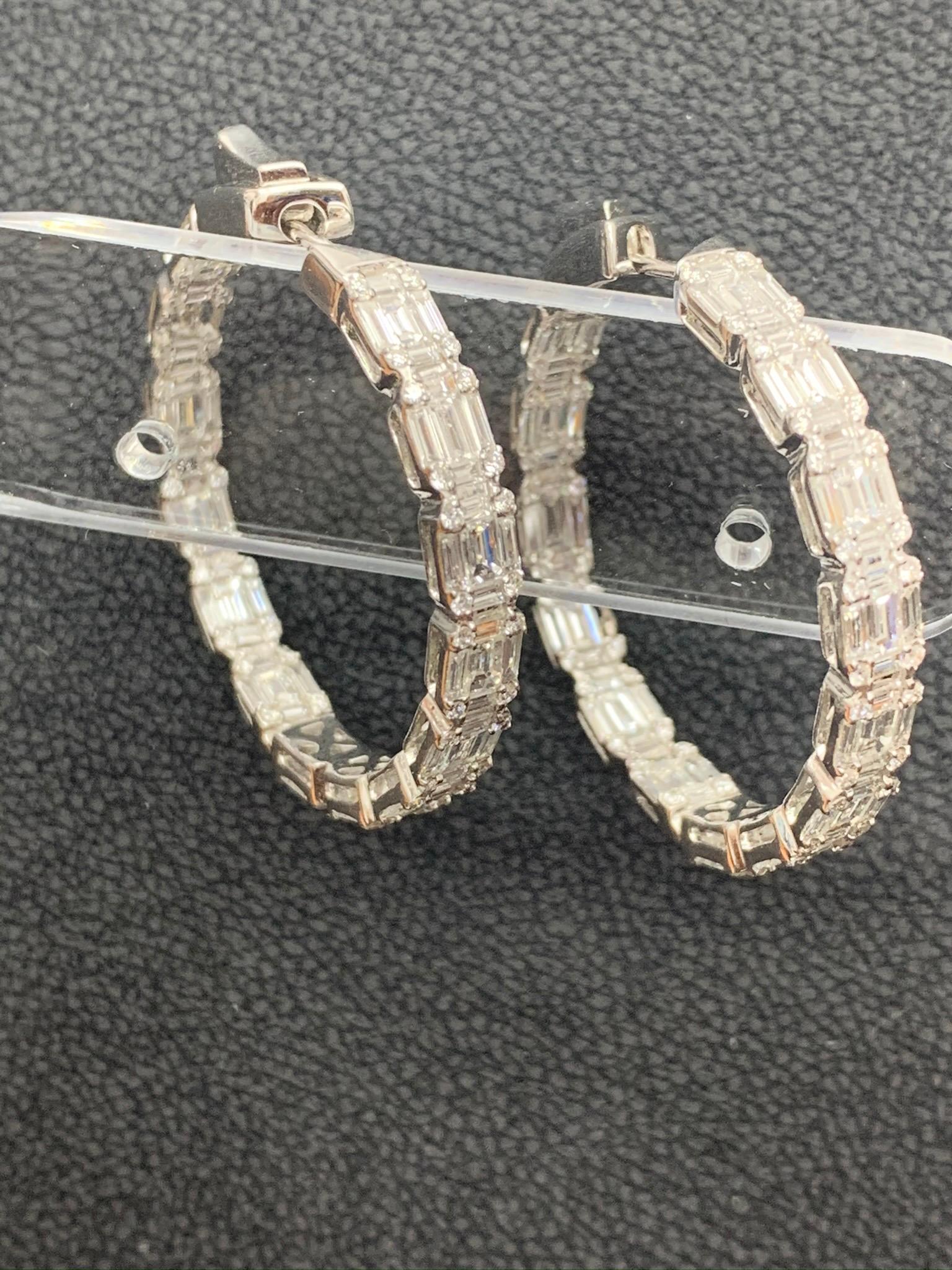 Grandeur 6.46 Carat Baguette and Round Diamond Hoop Earrings in 18K White Gold For Sale 7