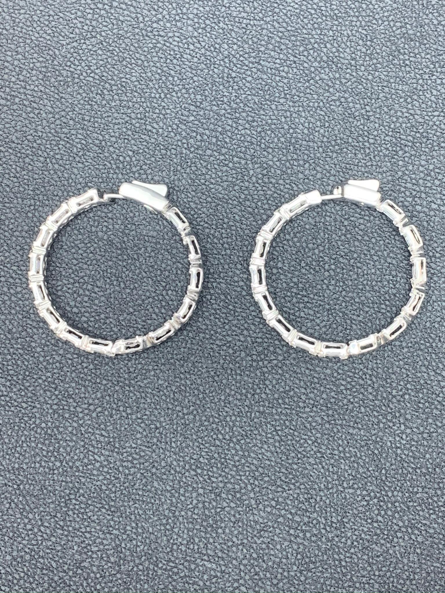Contemporary Grandeur 6.46 Carat Baguette and Round Diamond Hoop Earrings in 18K White Gold For Sale