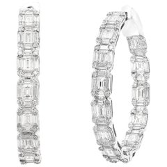 Grandeur 6.46 Carat Baguette and Round Diamond Hoop Earrings in 18K White Gold