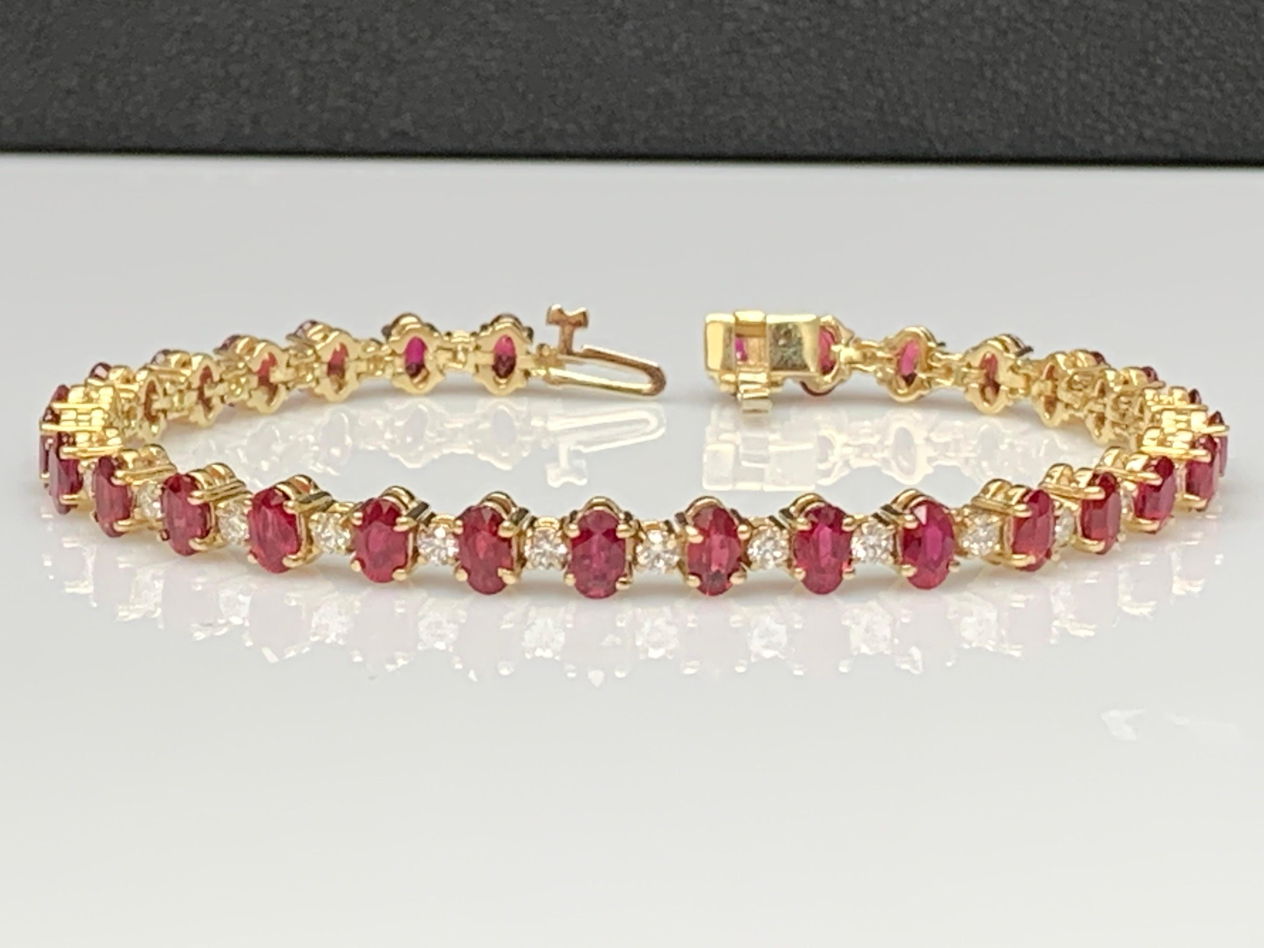Grandeur 9.27 Carats Oval Cut Ruby and Diamond Bracelet in 14k Yellow Gold For Sale 6