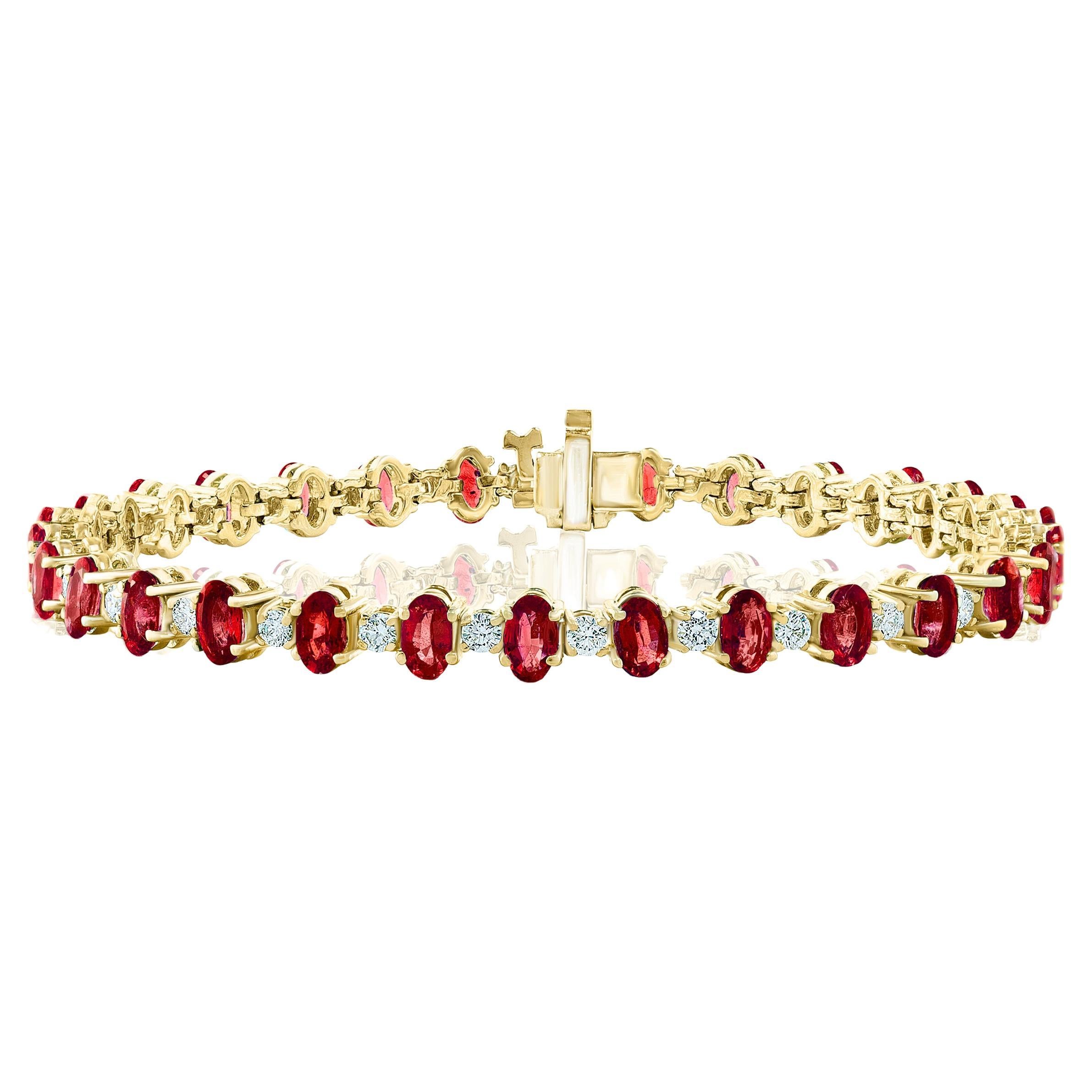 Grandeur 9.27 Carats Oval Cut Ruby and Diamond Bracelet in 14k Yellow Gold For Sale