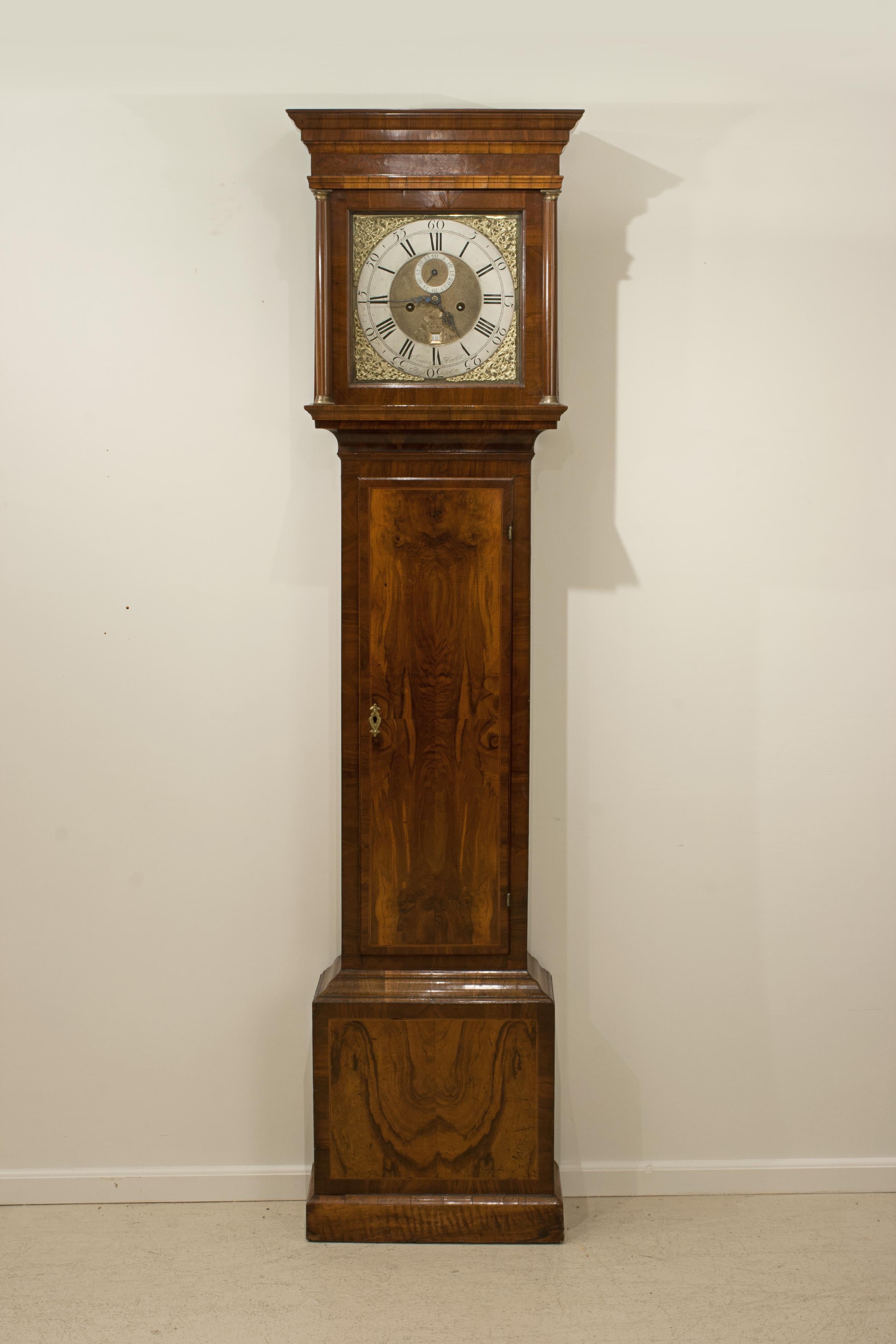 Grandfather Clock, Isaac Hewlett, Bristol.
A fine quality Bristol longcase clock with 12-inch square brass dial with black Roman and Arabic numerals, day of the month, inscribed ''Isaac Hewlett, Bristol