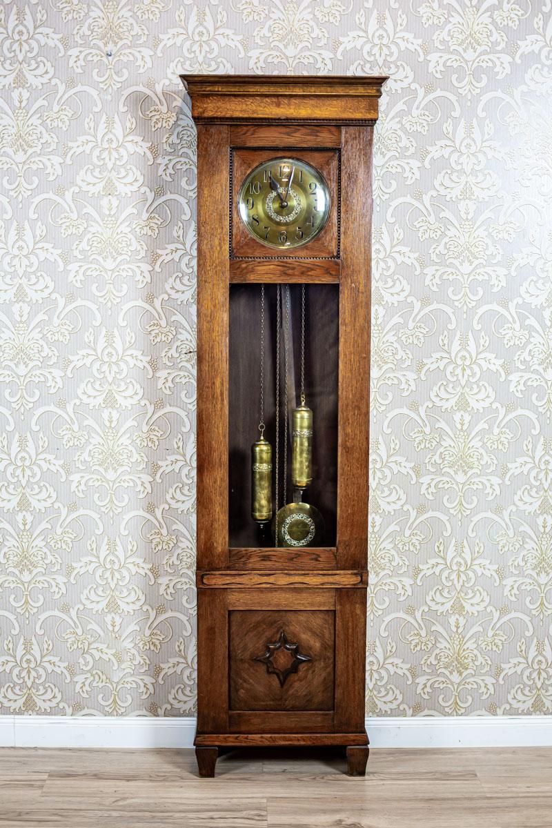 We present you a grandfather clock in an oak case, with a brass dial, pendulum, and weights. The whole piece is from the early 20th century.
The case is of a simple form, topped with a slightly protruding cornice.

Presented clock is working. It