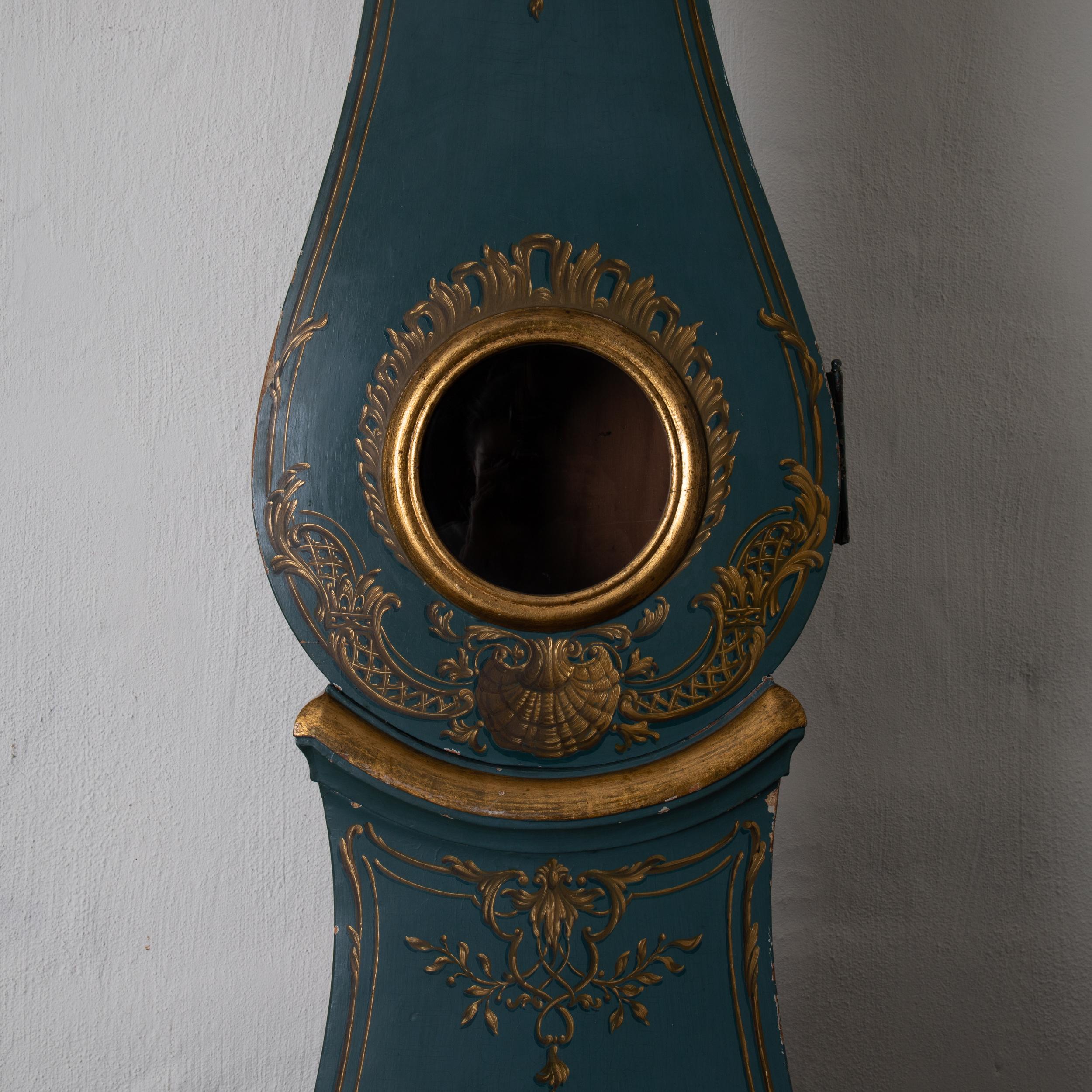 Grandfather Clock Swedish Rococo Green Blue Gilded 18th Century, Sweden 4