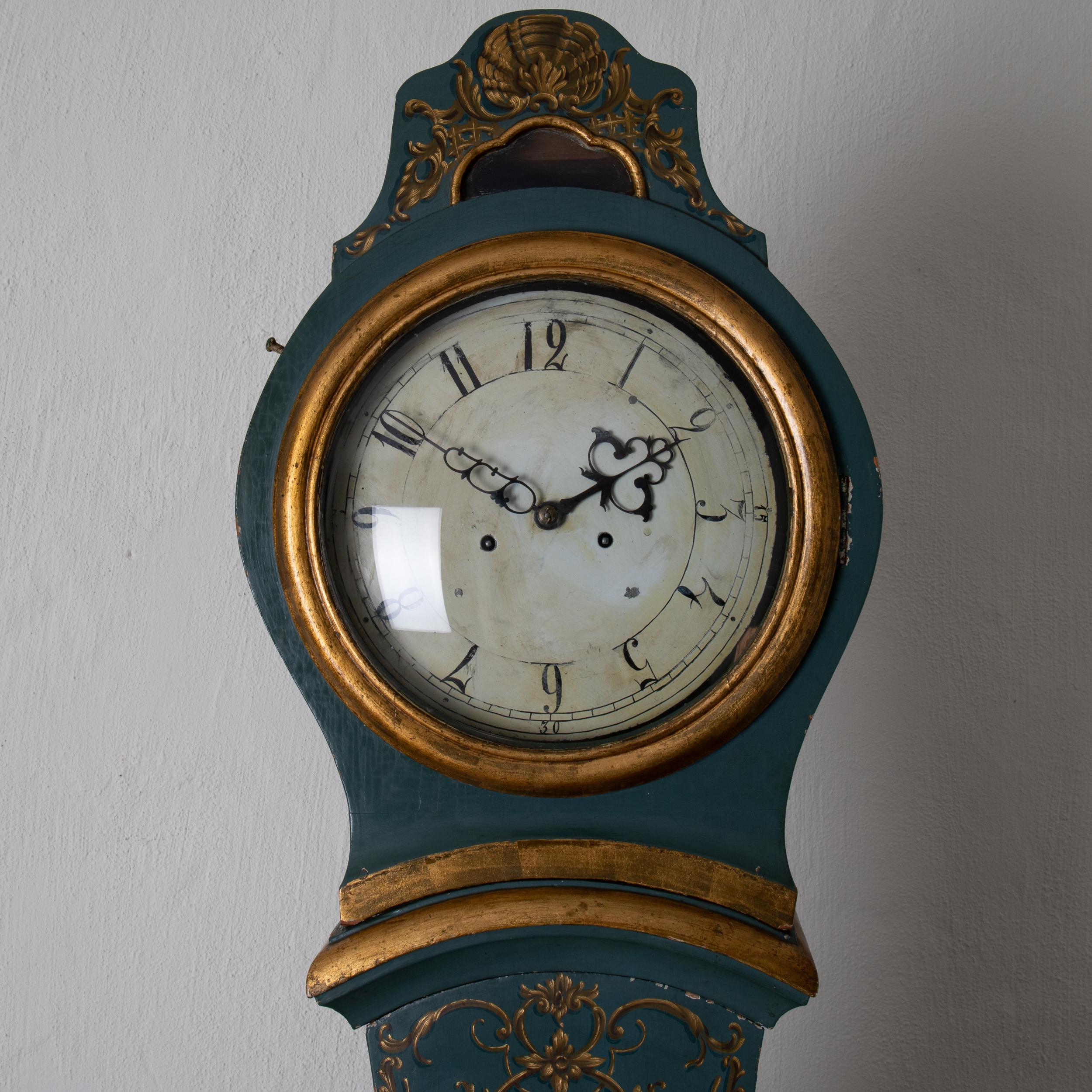 Grandfather Clock Swedish Rococo Green Blue Gilded 18th Century, Sweden 5