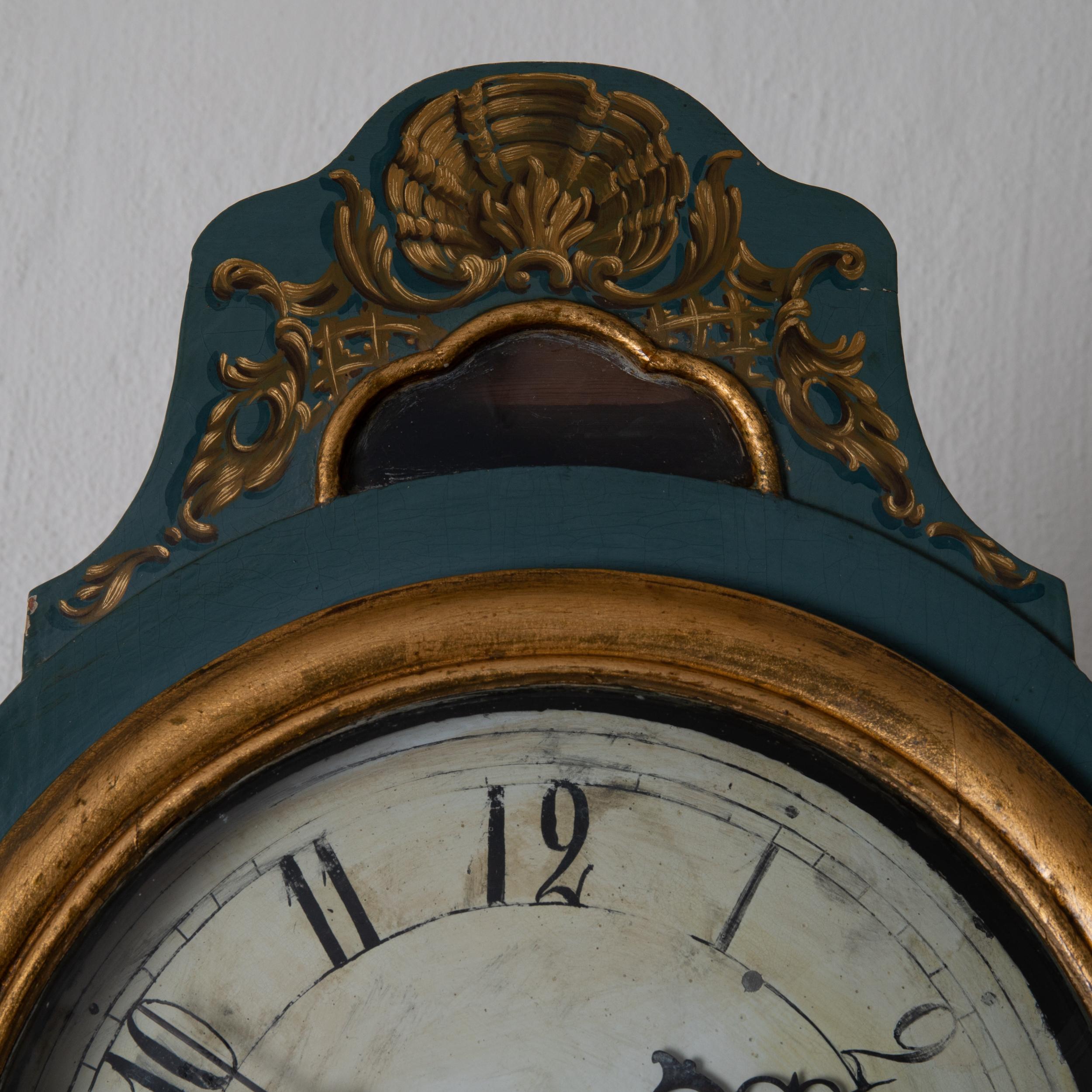 Grandfather Clock Swedish Rococo Green Blue Gilded 18th Century, Sweden 7