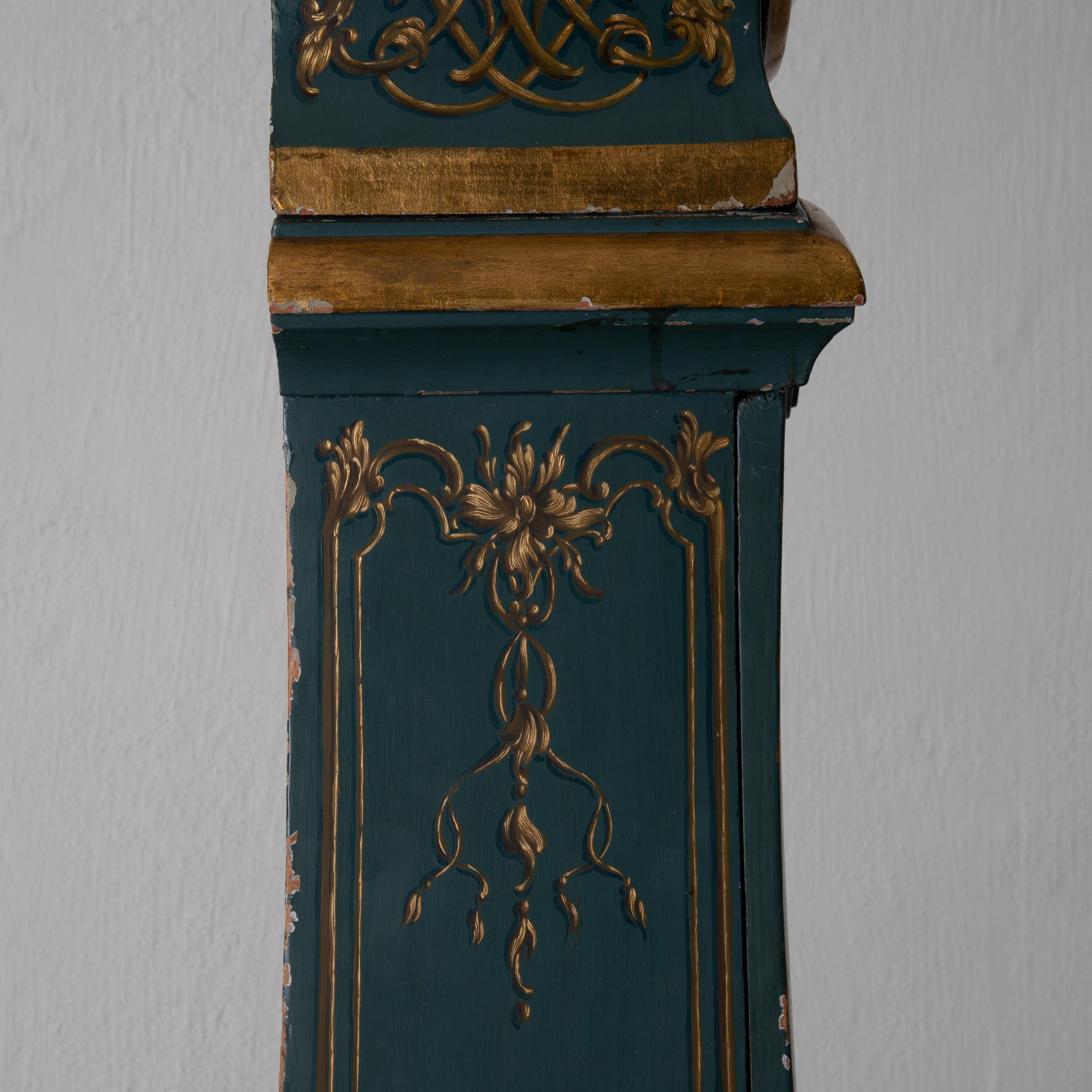 Grandfather Clock Swedish Rococo Green Blue Gilded 18th Century, Sweden 1