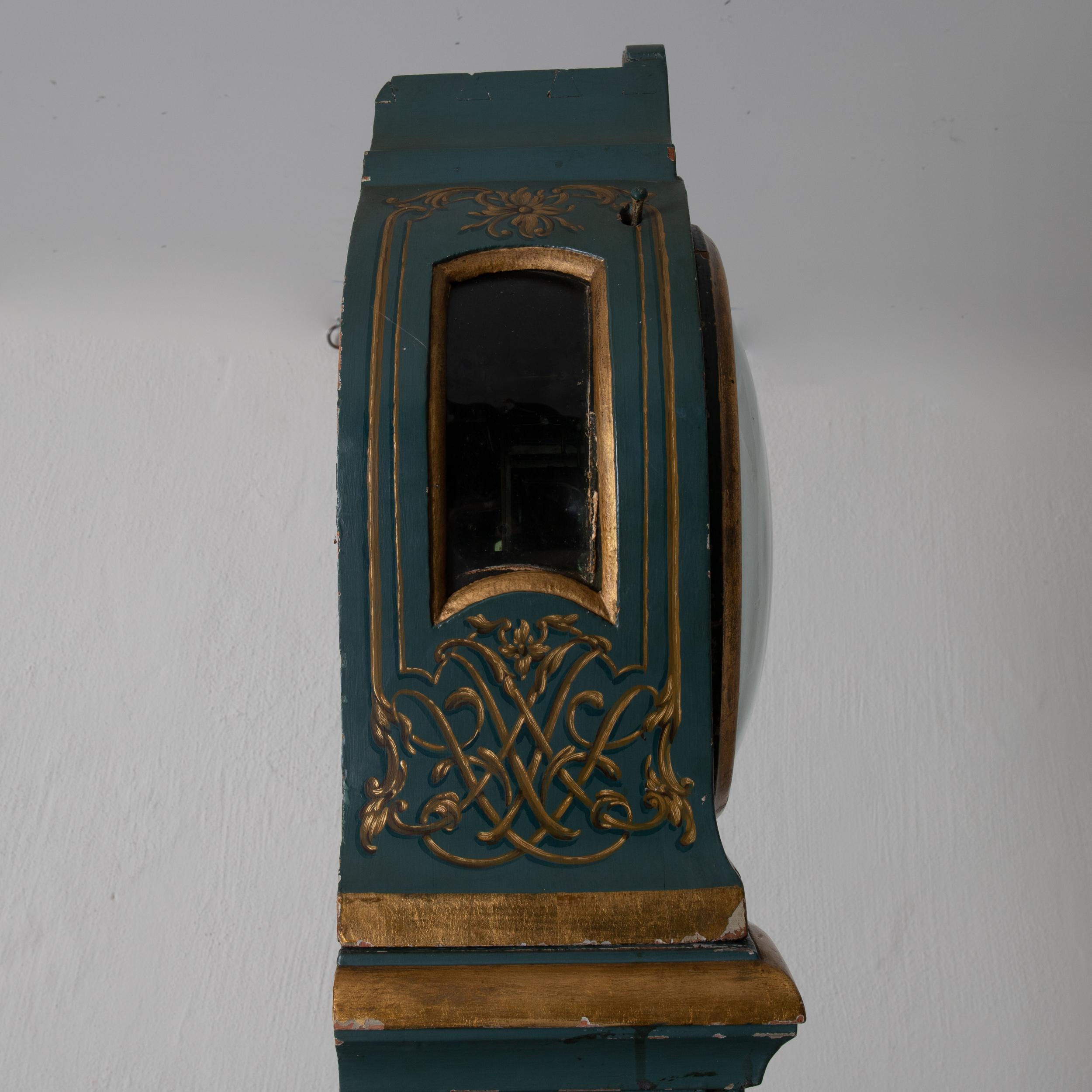Grandfather Clock Swedish Rococo Green Blue Gilded 18th Century, Sweden 2