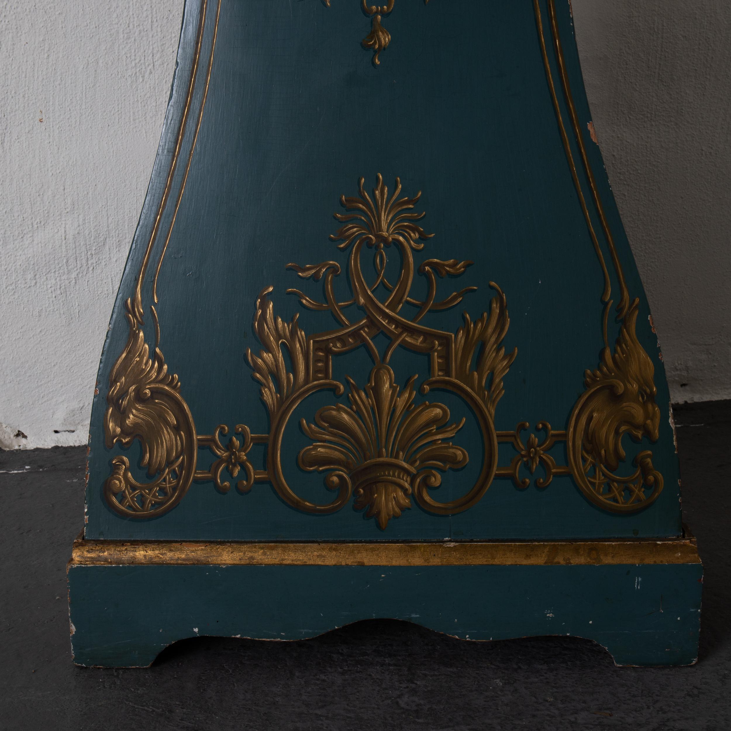 Grandfather Clock Swedish Rococo Green Blue Gilded 18th Century, Sweden 3