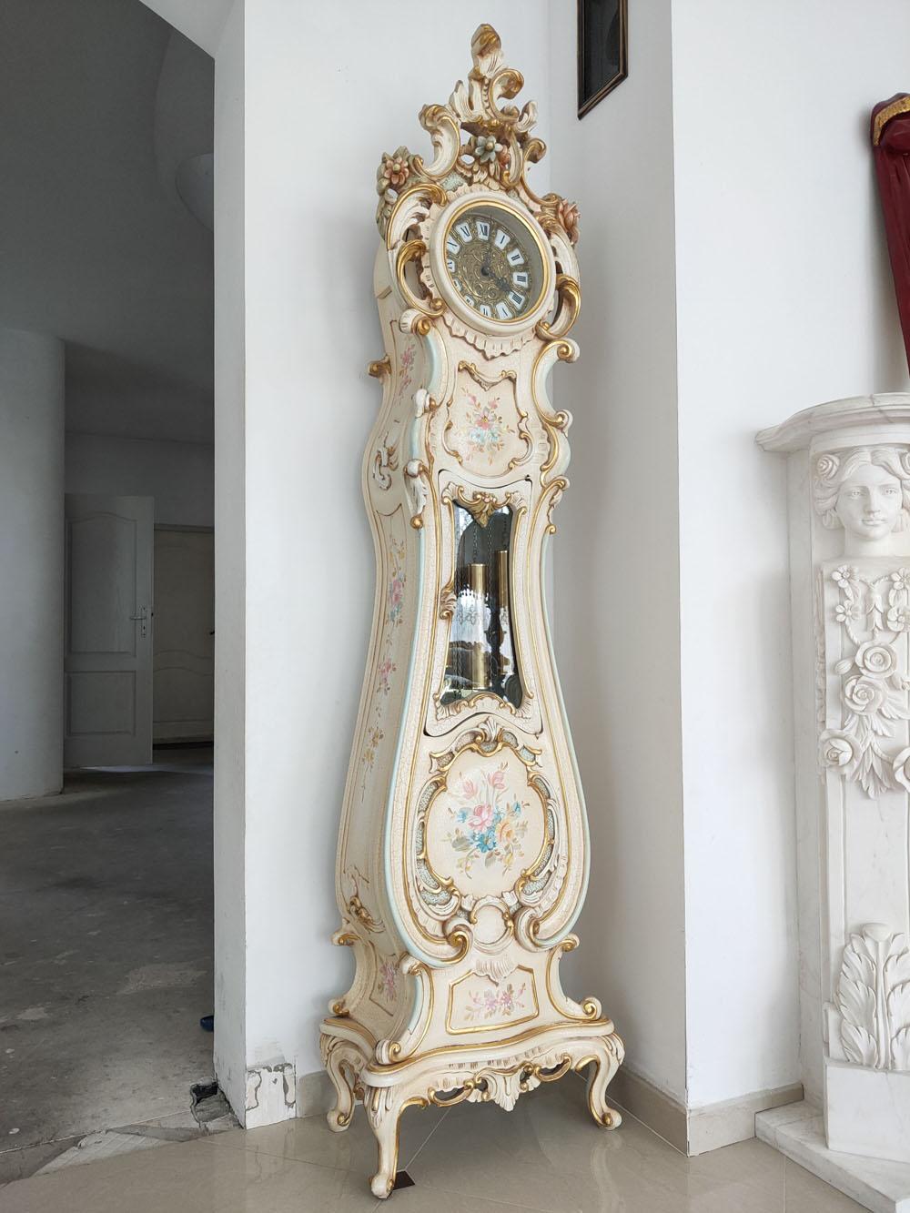 Impressive and beautiful in form, two metres height standing clock (floor), made in Venetian Rococo style, with meticulous attention to even the smallest historical detail.
 The versatility and extravagance of the Rococo ornament are impressive, as